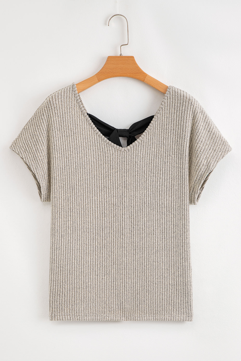 Gray Morn Ribbed Short Sleeve V Neck Colorblock Bow Back Top-Tops/Tops & Tees-[Adult]-[Female]-2022 Online Blue Zone Planet