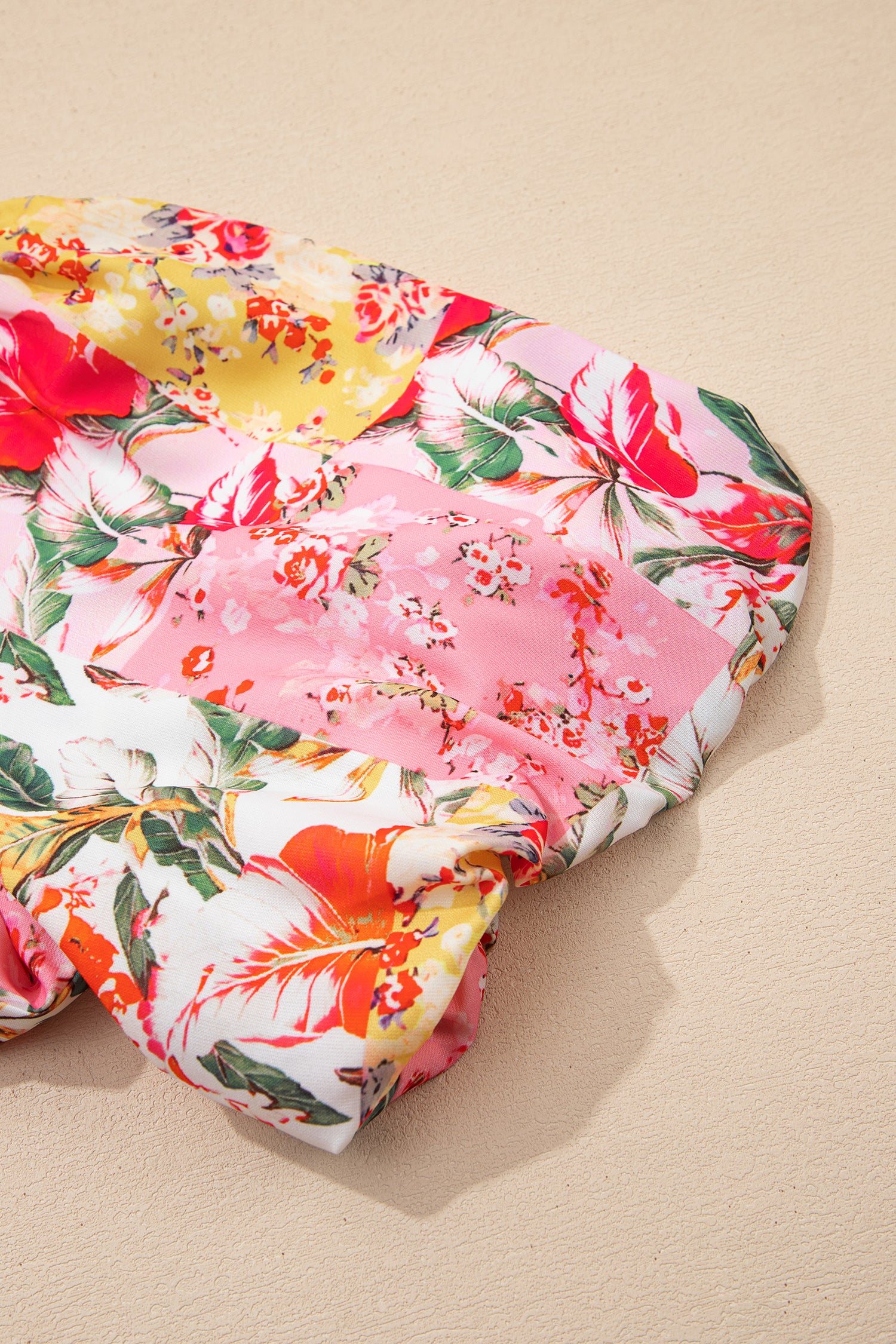 Pink Color Block Floral Print Contrast Trim V Neck Ruffle Hem Mini Dress-TOPS / DRESSES-[Adult]-[Female]-2022 Online Blue Zone Planet