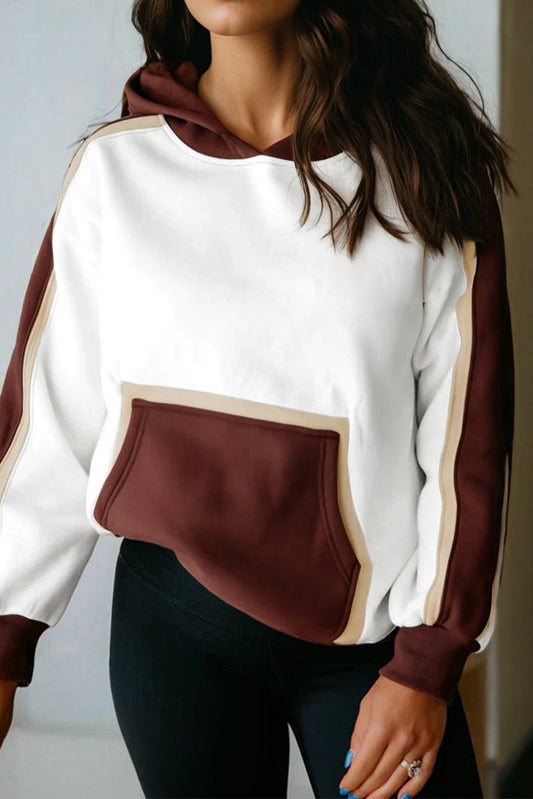Coffee Color Block Patchwork Athleisure Hooded Sweatshirt-Tops / Dresses-[Adult]-[Female]-Coffee-S-2022 Online Blue Zone Planet