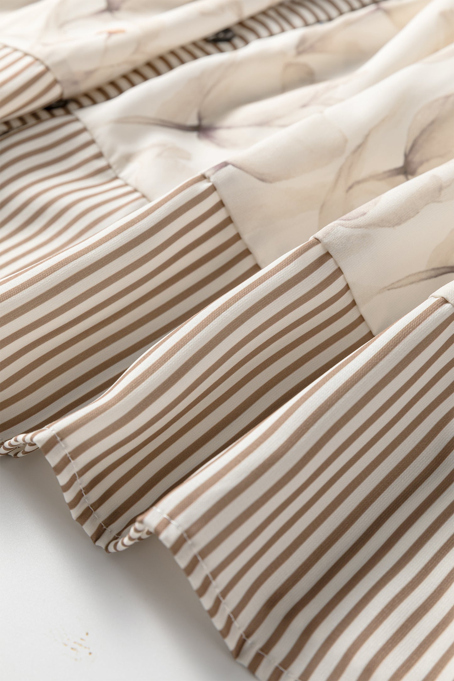 Khaki Plus Size Floral Print Striped Trim Patchwork Button Down A-line Dress-TOPS / DRESSES-[Adult]-[Female]-2022 Online Blue Zone Planet