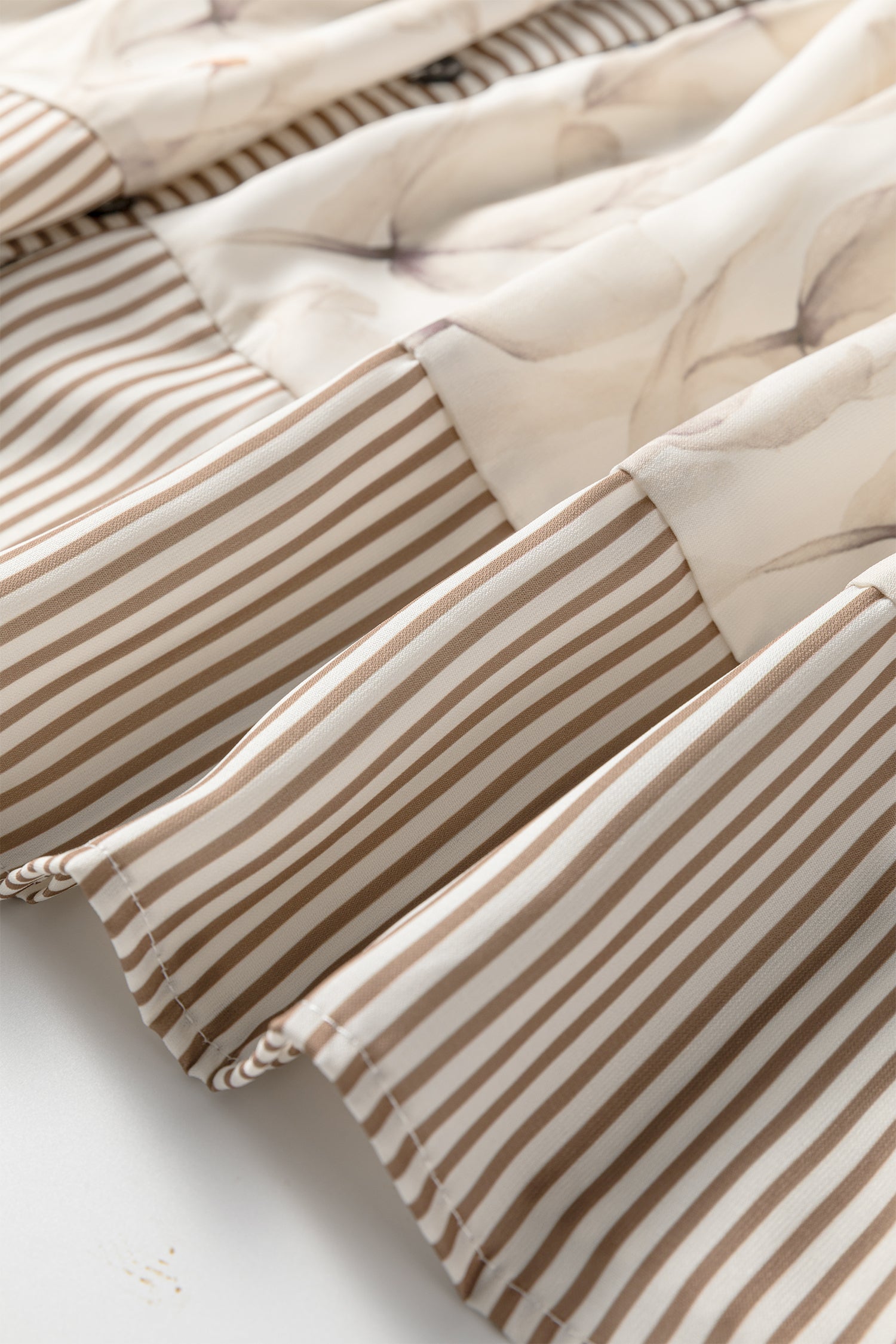 Khaki Plus Size Floral Print Striped Trim Patchwork Button Down A-line Dress-TOPS / DRESSES-[Adult]-[Female]-2022 Online Blue Zone Planet