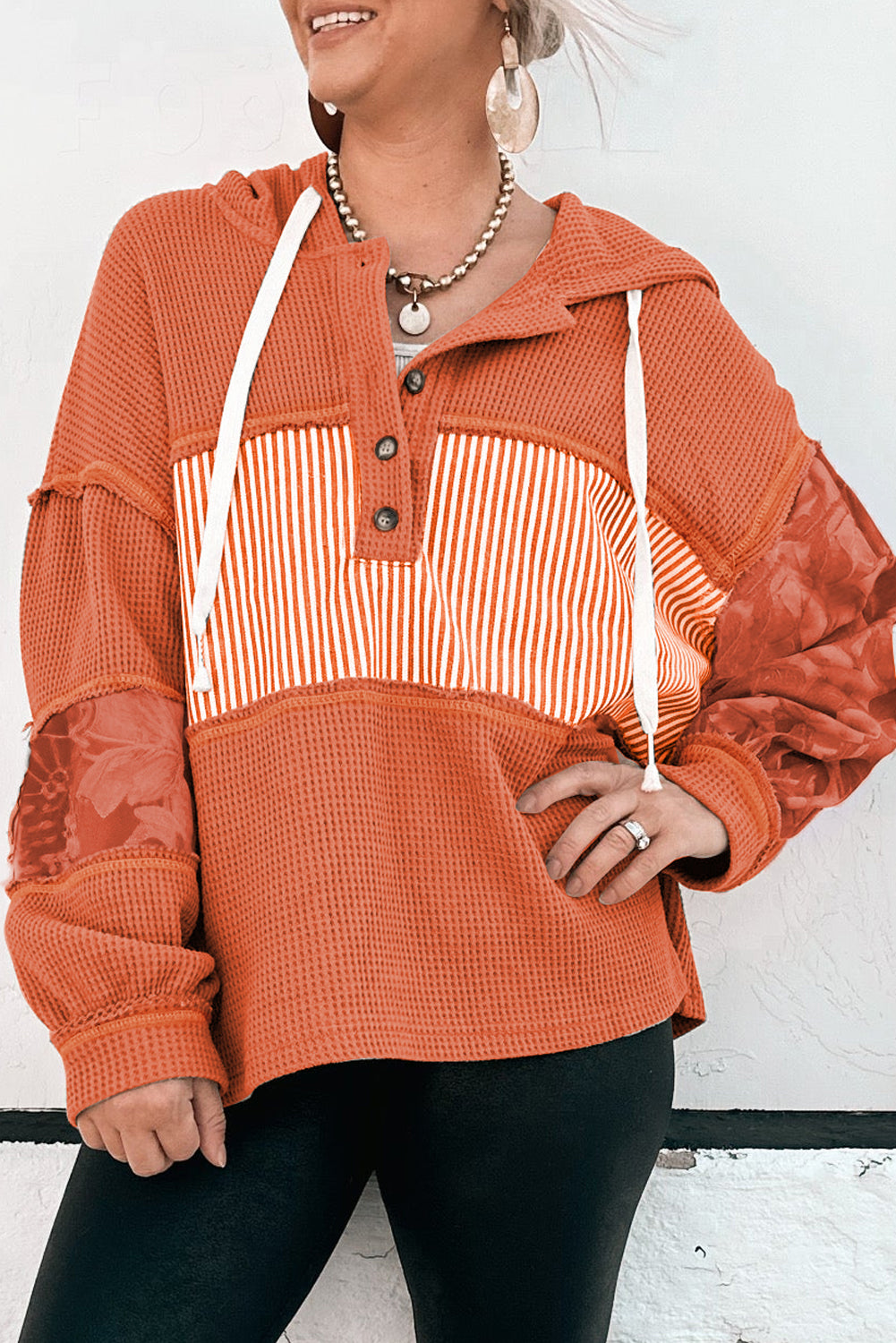 Cinnamon Waffle Printed Patchwork Drawstring Hooded Long Sleeve Top-Tops/Long Sleeve Tops-[Adult]-[Female]-Cinnamon-S-2022 Online Blue Zone Planet