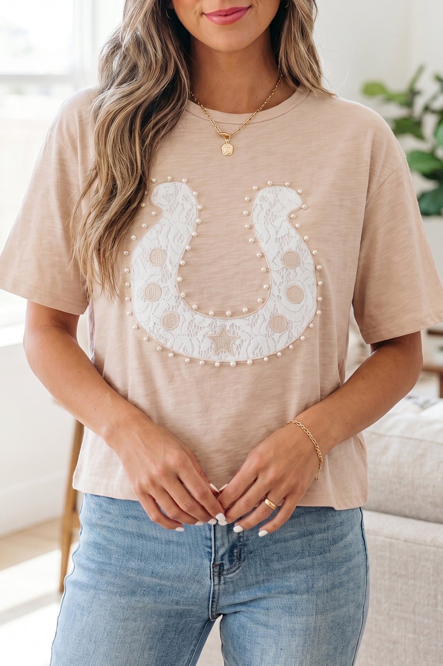Smoke Gray Lace Pearled Decor Horse Shoe Graphic Western T Shirt-Tops/Tops & Tees-[Adult]-[Female]-2022 Online Blue Zone Planet