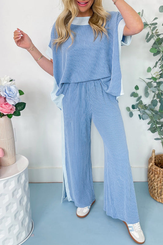 Sky Blue 2-tone Colorblock Patchwork Corded 2pcs Outfit-Two Piece Sets/Pant Sets-[Adult]-[Female]-2022 Online Blue Zone Planet