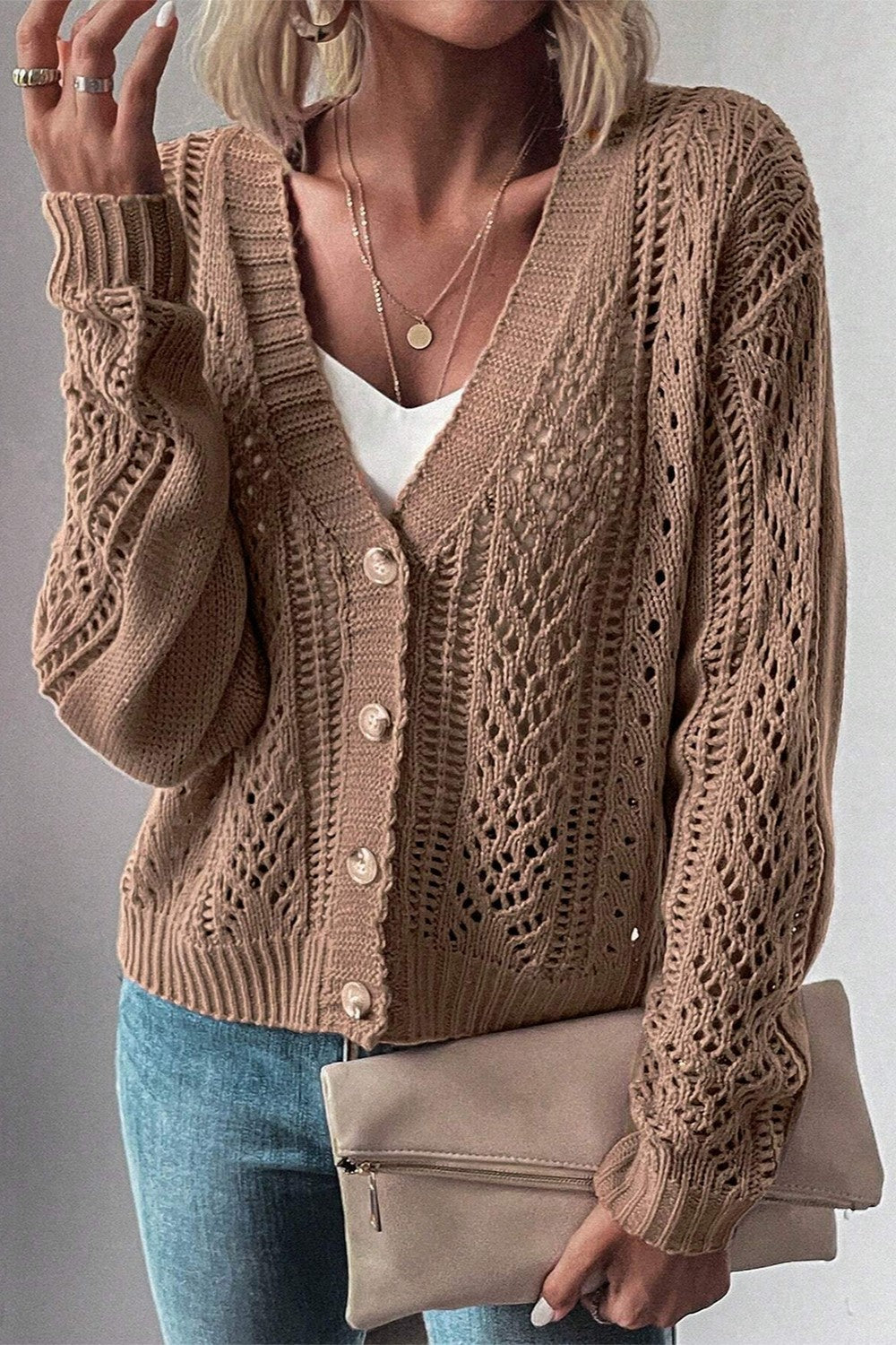 Openwork Button Up Long Sleeve Cardigan-TOPS / DRESSES-[Adult]-[Female]-Taupe-S-2022 Online Blue Zone Planet