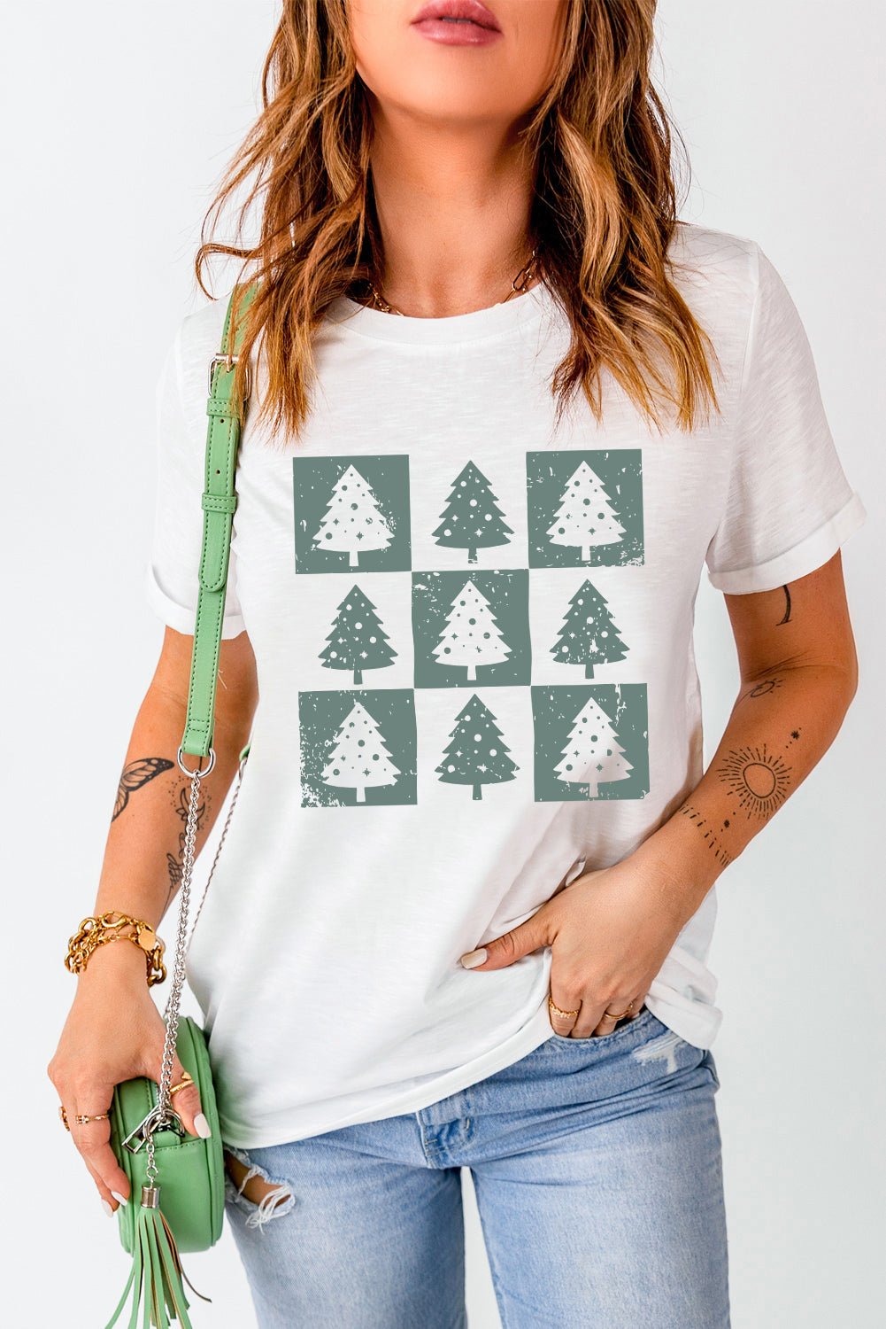 White Christmas Tree Checkered Distressed Graphic Oversize Tee-Graphic/Graphic Tees-[Adult]-[Female]-2022 Online Blue Zone Planet