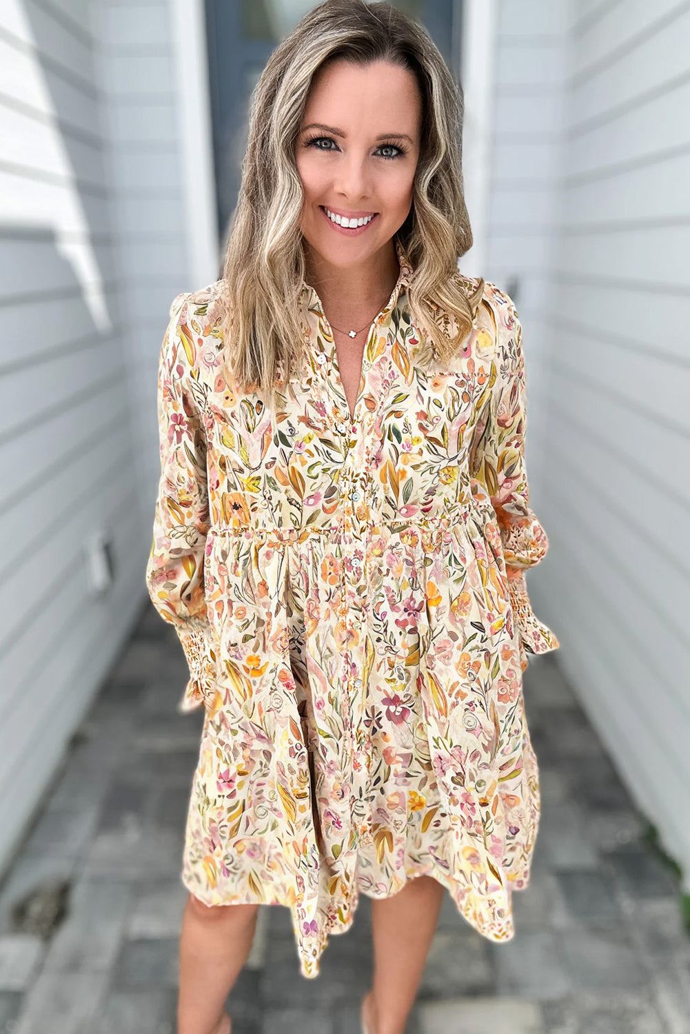 Yellow Floral Print Frilly Trim Smocked Cuff Long Sleeve Loose Shirt Dress-Dresses/Mini Dresses-[Adult]-[Female]-2022 Online Blue Zone Planet
