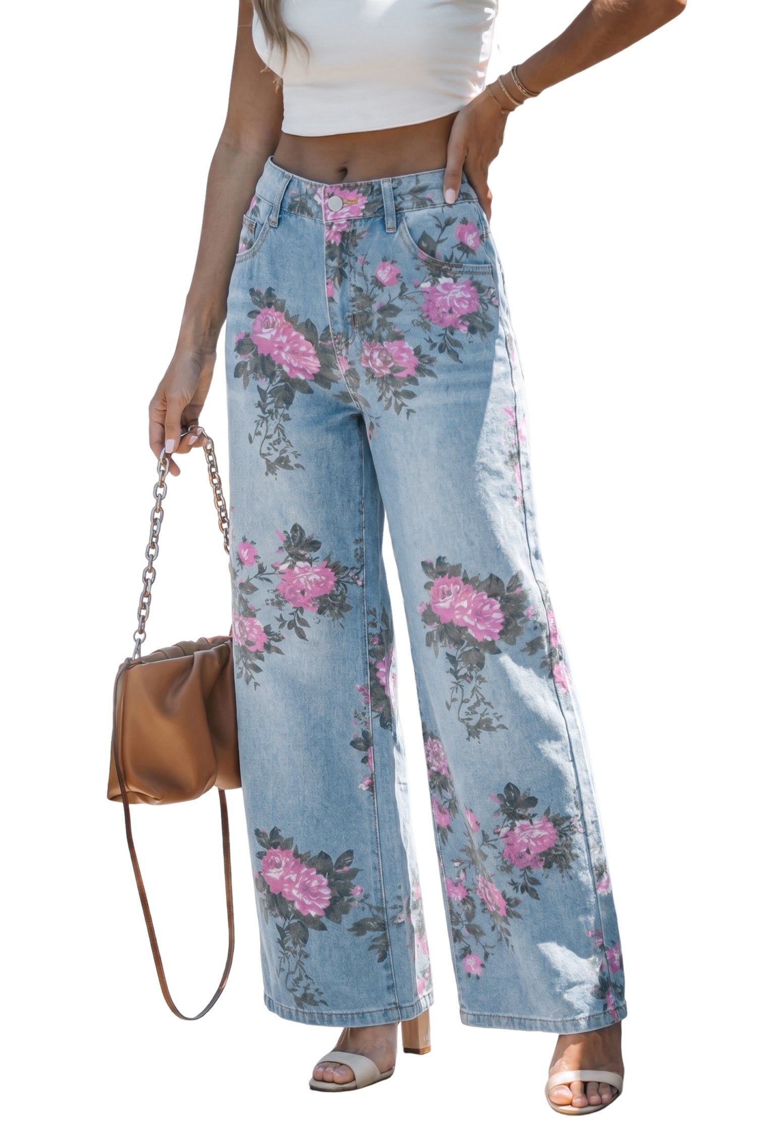 Sky Blue Garden Floral Print Bootcut Jeans-Bottoms/Jeans-[Adult]-[Female]-2022 Online Blue Zone Planet