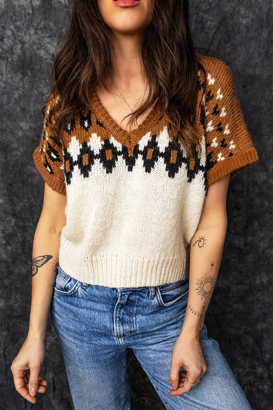 Brown V Neck Short Sleeve Geometric Print Western Style Knit Tee-Sweaters & Cardigans/Short Sleeve Sweaters-[Adult]-[Female]-Brown-S-2022 Online Blue Zone Planet