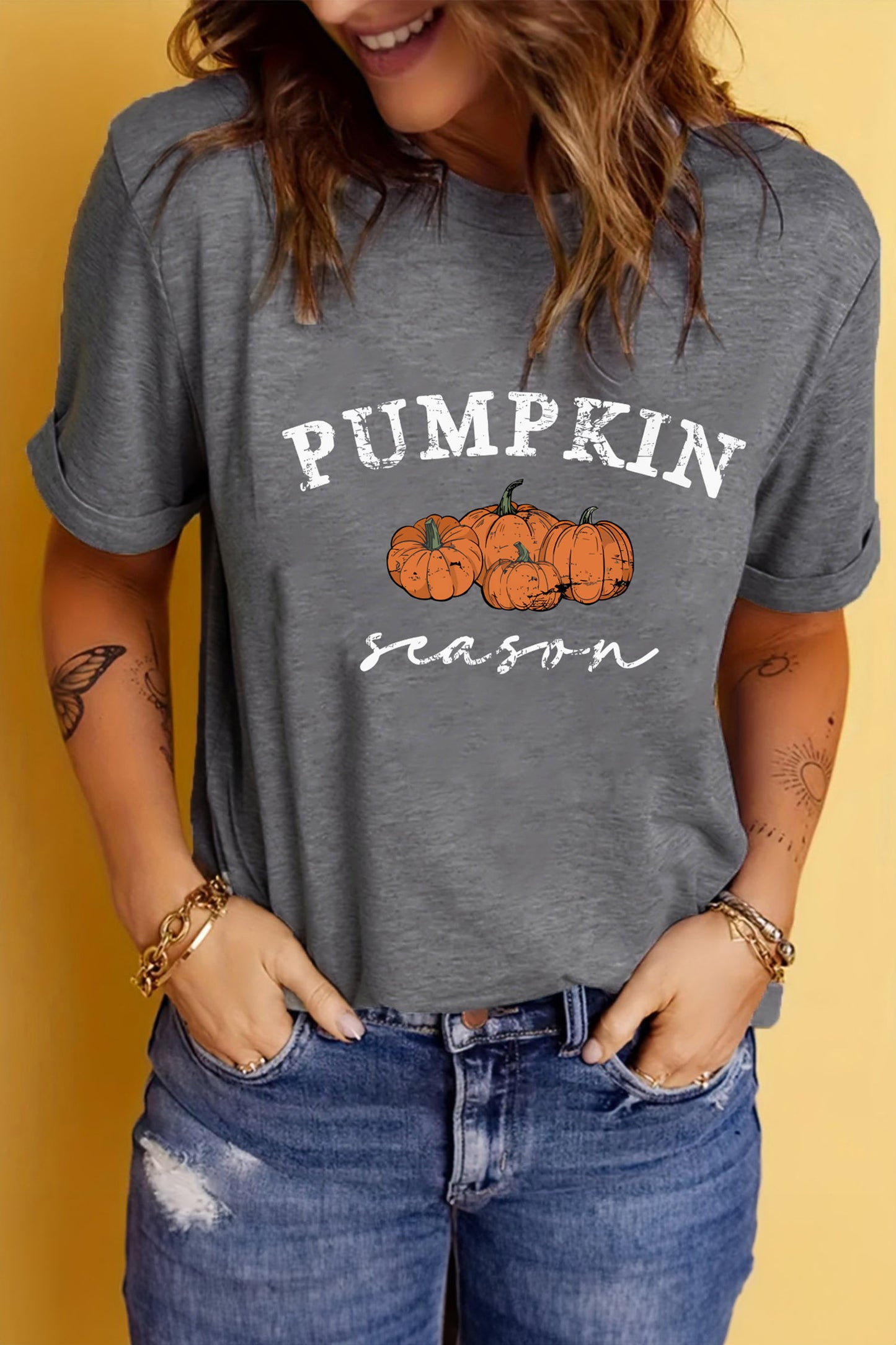 Gray Pumpkin Season Graphic Round Neck Short Sleeve T-Shirt-Graphic/Graphic Tees-[Adult]-[Female]-2022 Online Blue Zone Planet