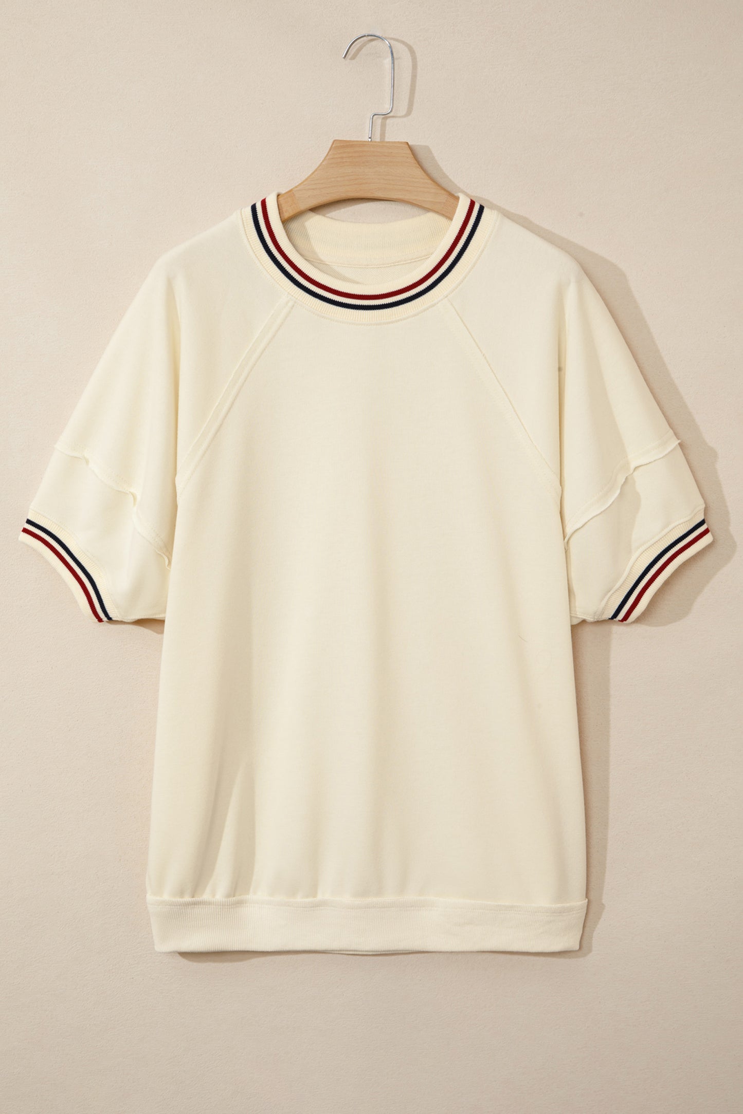 Beige Contrast Varsity Striped Neckline Cuffed Short Sleeve Loose Tunic Top-Tops/Tops & Tees-[Adult]-[Female]-2022 Online Blue Zone Planet