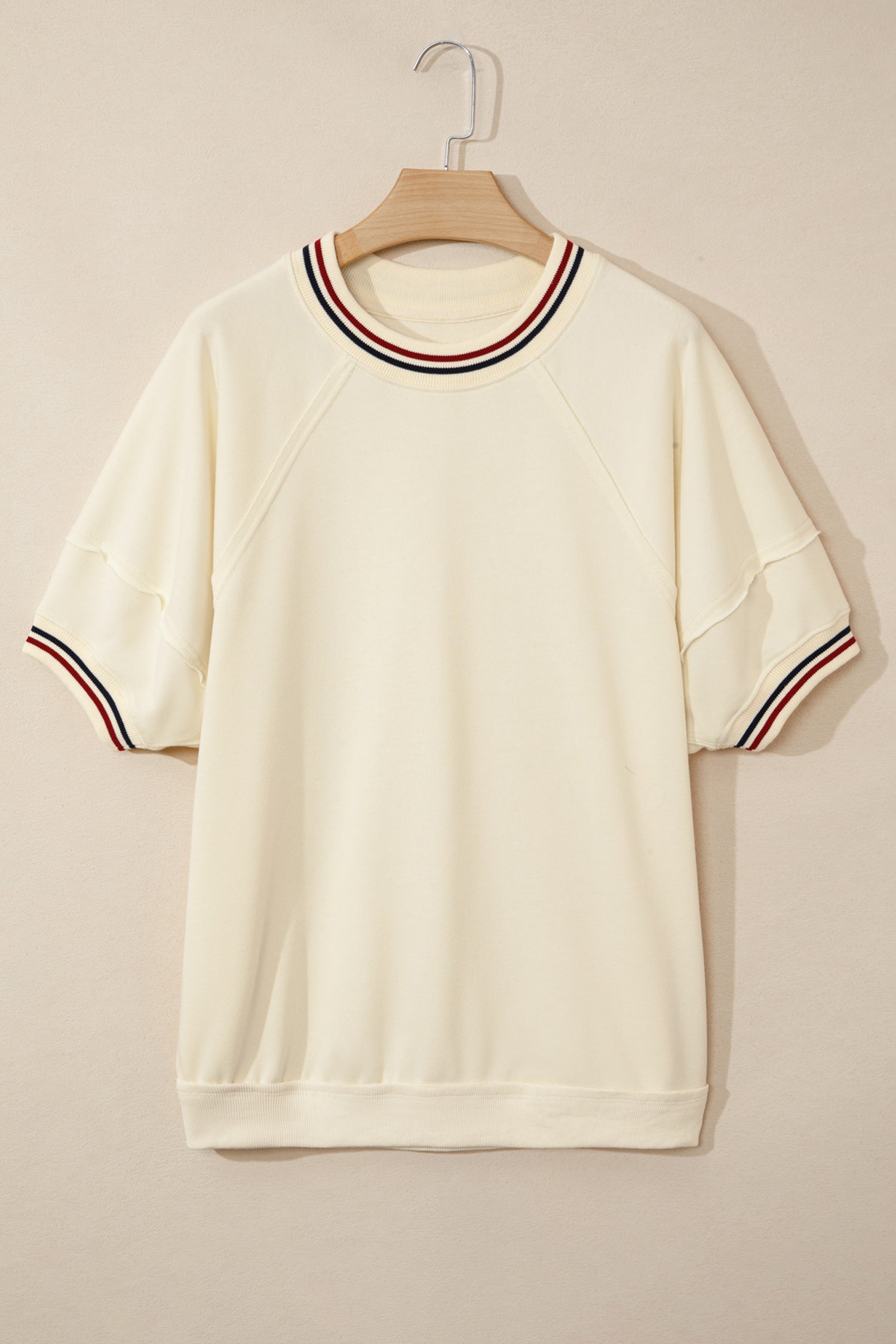 Beige Contrast Varsity Striped Neckline Cuffed Short Sleeve Loose Tunic Top-Tops/Tops & Tees-[Adult]-[Female]-2022 Online Blue Zone Planet