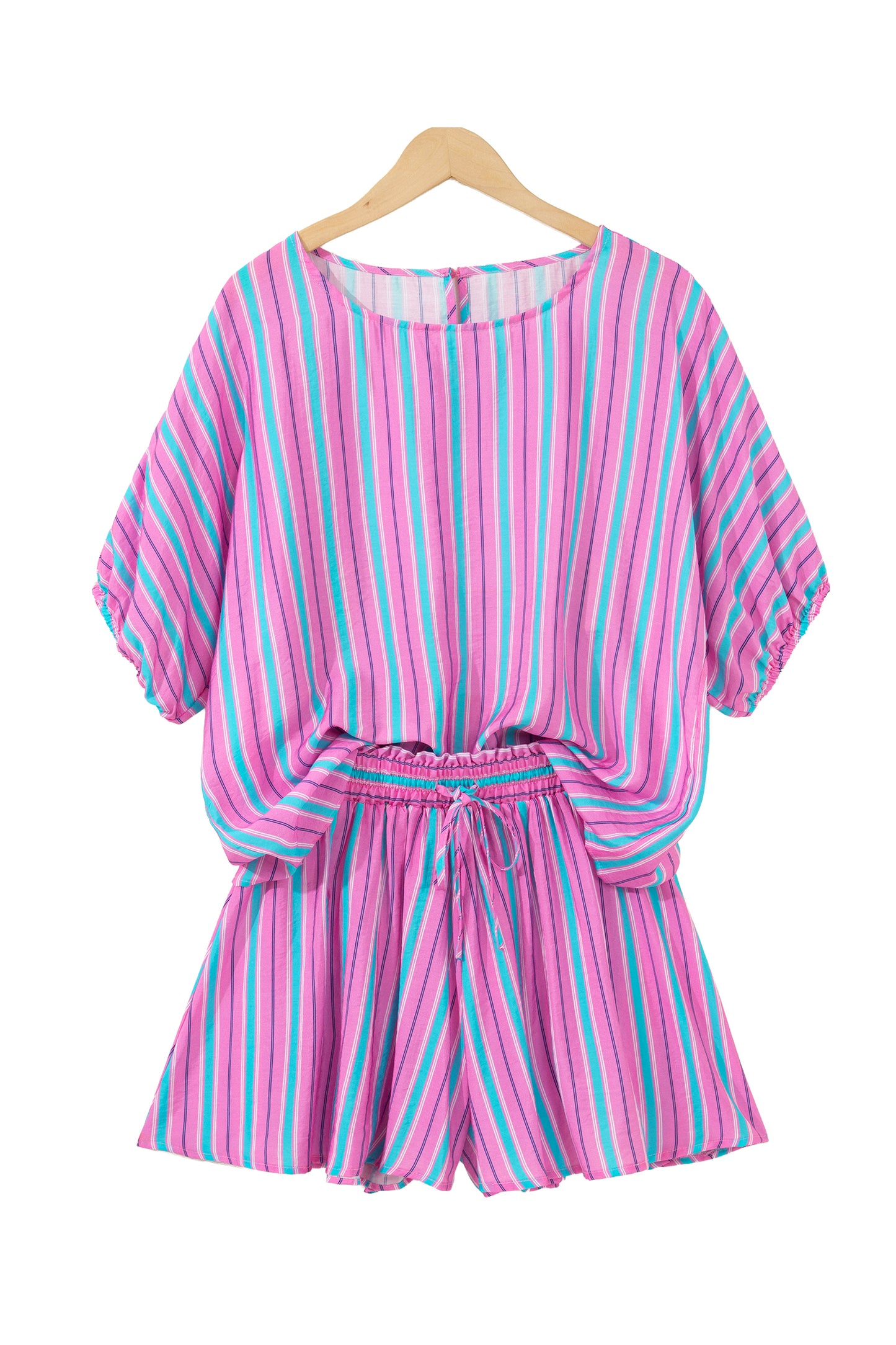 Pink Stripe Dolman Short Sleeve Blouse Drawstring Elastic Waist Loose Short Set-Two Piece Sets/Short Sets-[Adult]-[Female]-2022 Online Blue Zone Planet