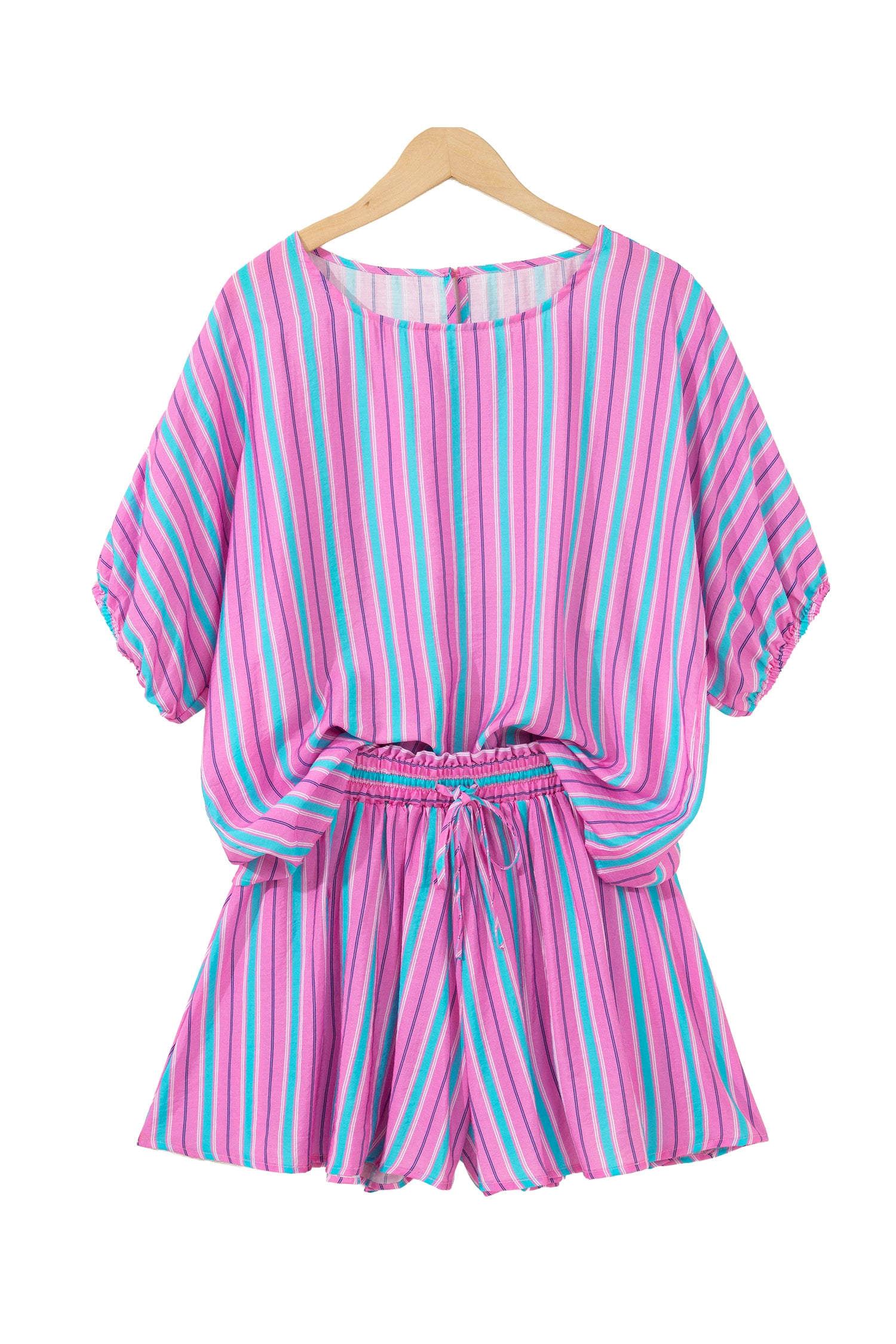 Pink Stripe Dolman Short Sleeve Blouse Drawstring Elastic Waist Loose Short Set-Two Piece Sets/Short Sets-[Adult]-[Female]-2022 Online Blue Zone Planet