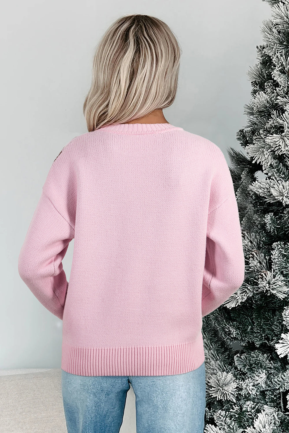 Pink Christmas Ginger Bread Man Print Round Neck Casual Sweater-Sweaters & Cardigans/Sweaters-[Adult]-[Female]-2022 Online Blue Zone Planet