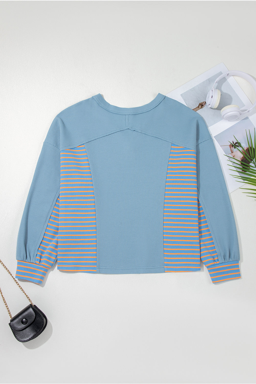 Dusk Blue Exposed Seam Waffle Striped Patchwork Baggy Pullover-Tops/Long Sleeve Tops-[Adult]-[Female]-2022 Online Blue Zone Planet
