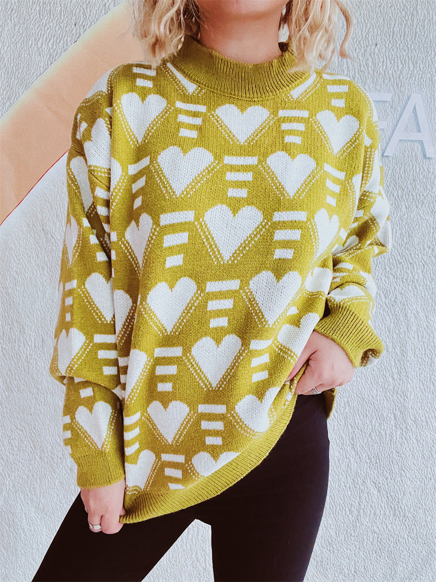 Heart Contrast Long Sleeve Dropped Shoulder Sweater-TOPS / DRESSES-[Adult]-[Female]-Mustard-One Size-2022 Online Blue Zone Planet