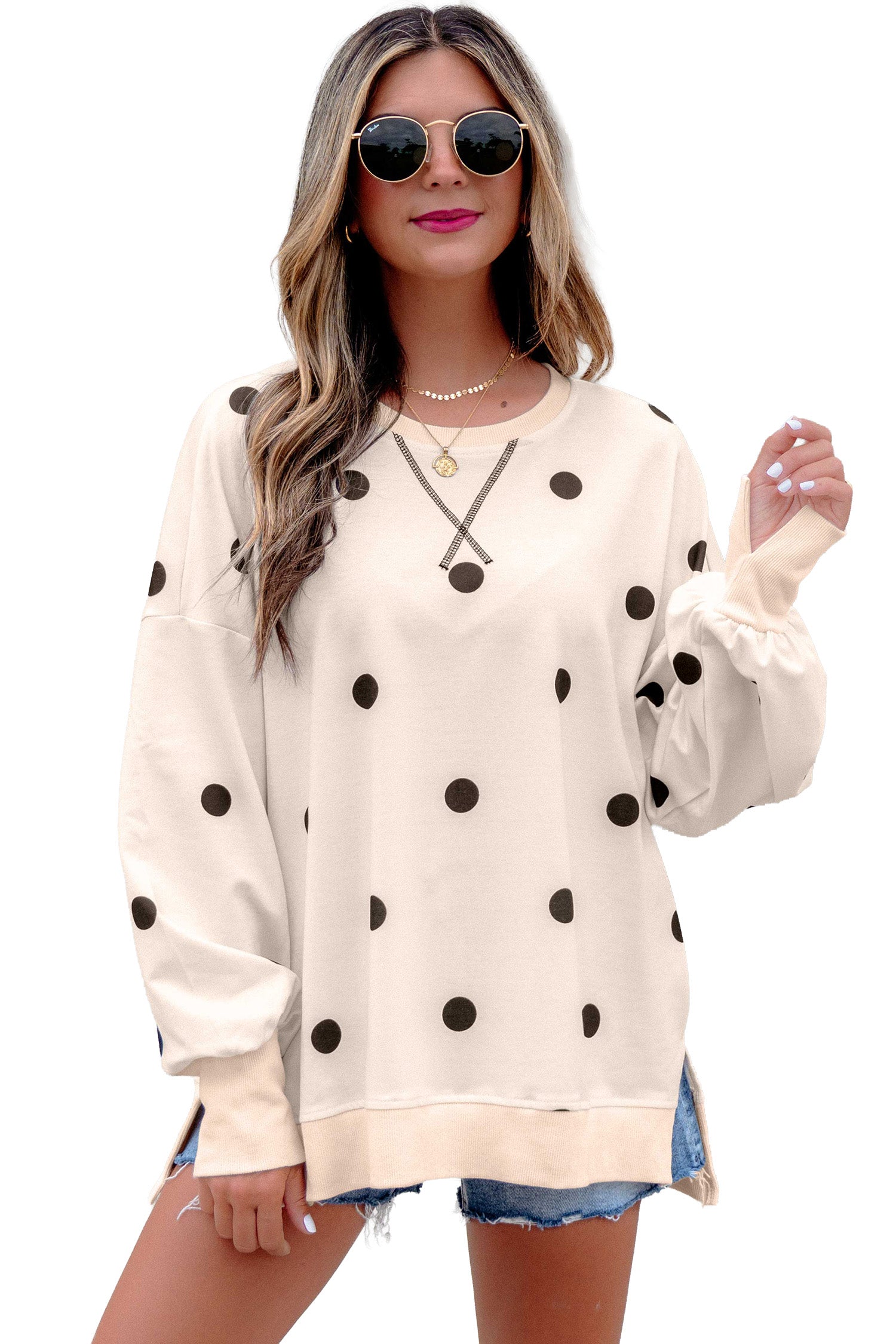 Beige Loose-Fit Long Sleeve Round Neck Polka Dot Tunic Sweatshirt-Tops/Long Sleeve Tops-[Adult]-[Female]-2022 Online Blue Zone Planet
