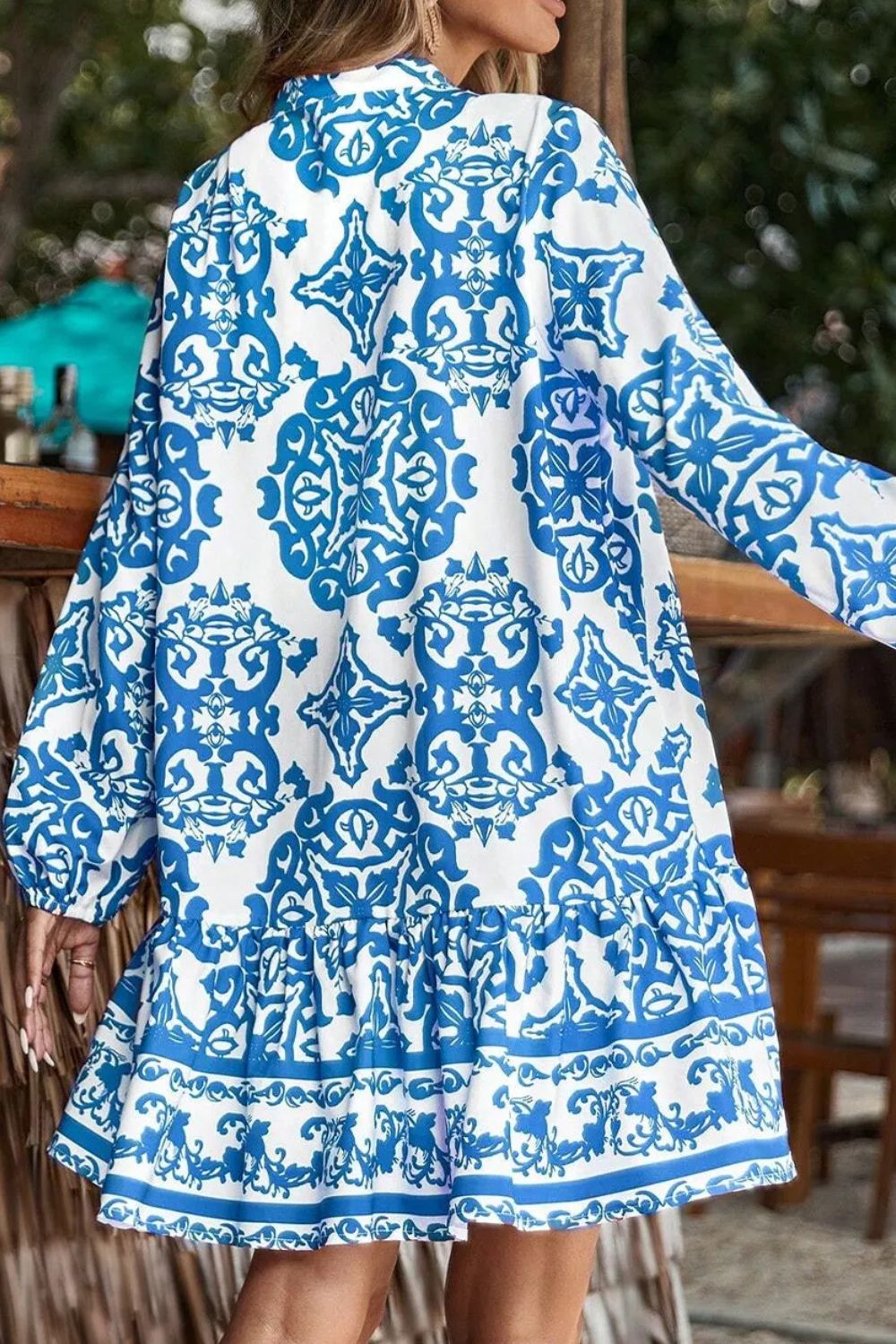 Ruffled Printed Notched Long Sleeve Dress-TOPS / DRESSES-[Adult]-[Female]-2022 Online Blue Zone Planet