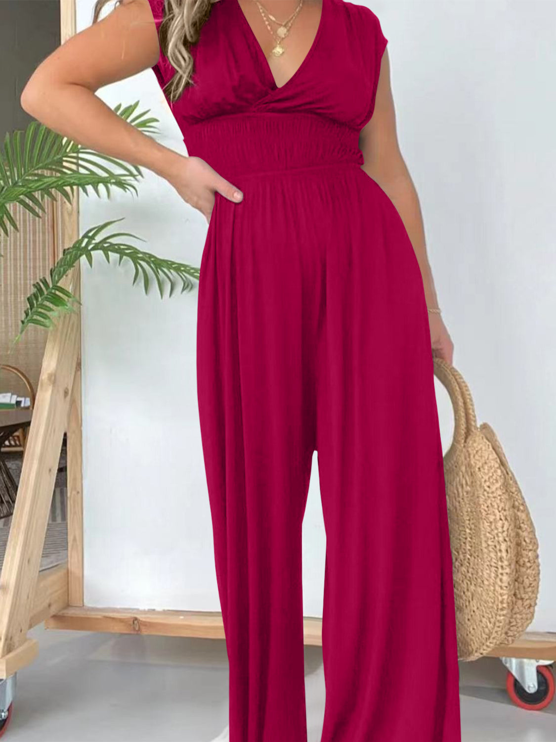 Smocked Cap Sleeve Wide Leg Jumpsuit-TOPS / DRESSES-[Adult]-[Female]-2022 Online Blue Zone Planet