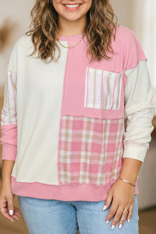 Pink Colorblock Plaid Panel Long Sleeve Plus Size Blouse-Plus Size/Plus Size Tops/Plus Size Long Sleeve Tops-[Adult]-[Female]-Pink-1X-2022 Online Blue Zone Planet
