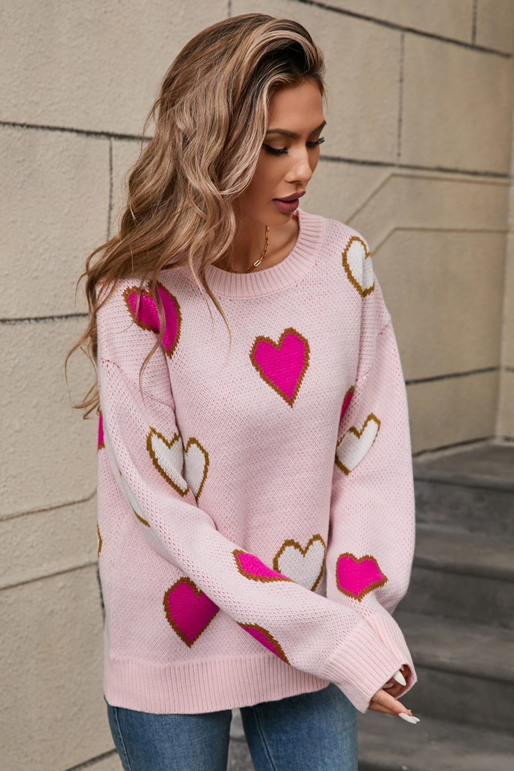 Angel Wings Contrast Heart Round Neck Long Sleeve Sweater-TOPS / DRESSES-[Adult]-[Female]-2022 Online Blue Zone Planet