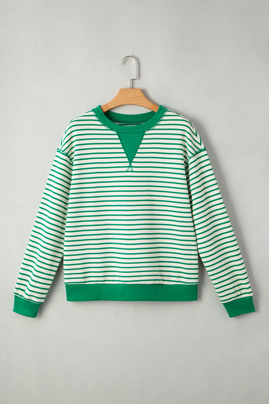 Bright Green Striped Exposed Seam Patchwork Loose Pullover Top-Tops/Long Sleeve Tops-[Adult]-[Female]-2022 Online Blue Zone Planet