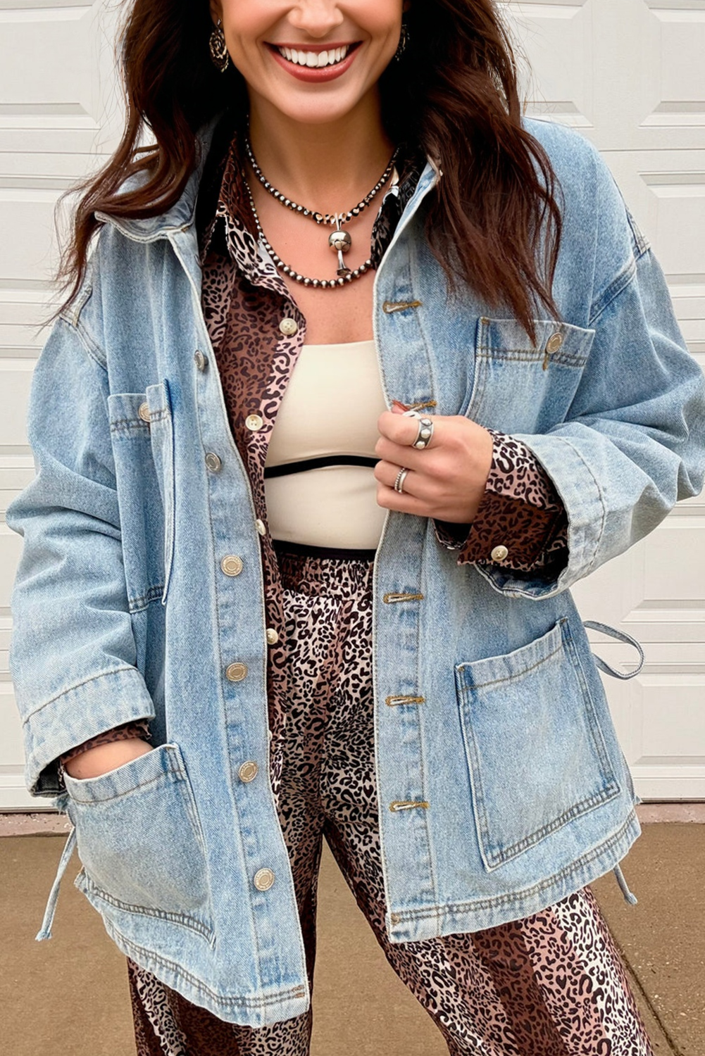 Beau Blue Multi Patched Pockets Side Tie up Boyfriend Style Denim Jacket-Outerwear/Denim jackets-[Adult]-[Female]-2022 Online Blue Zone Planet