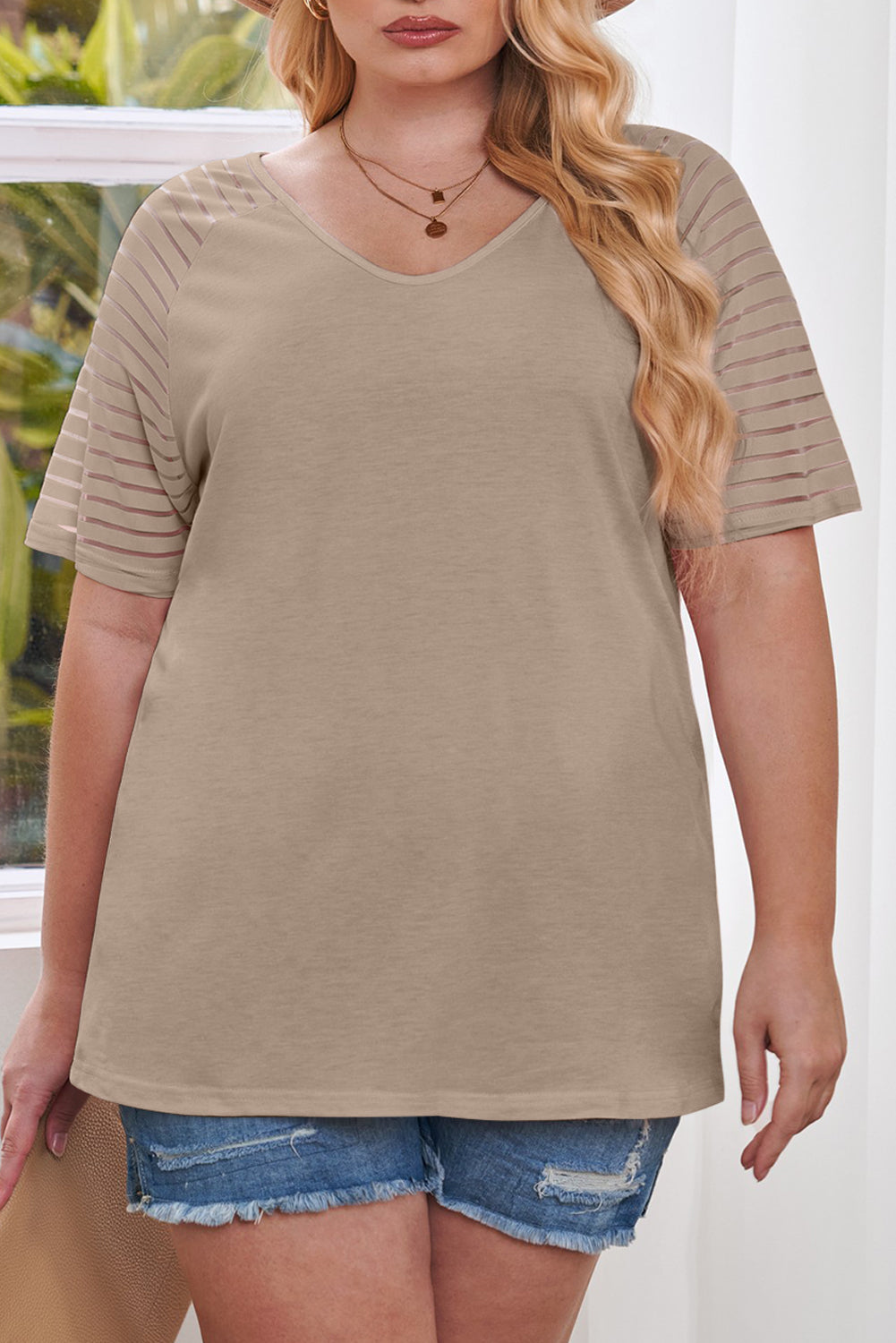 Khaki Striped Raglan Sleeve Plus Size Tee-Plus Size/Plus Size Tops/Plus Size Tops & Tees-[Adult]-[Female]-2022 Online Blue Zone Planet