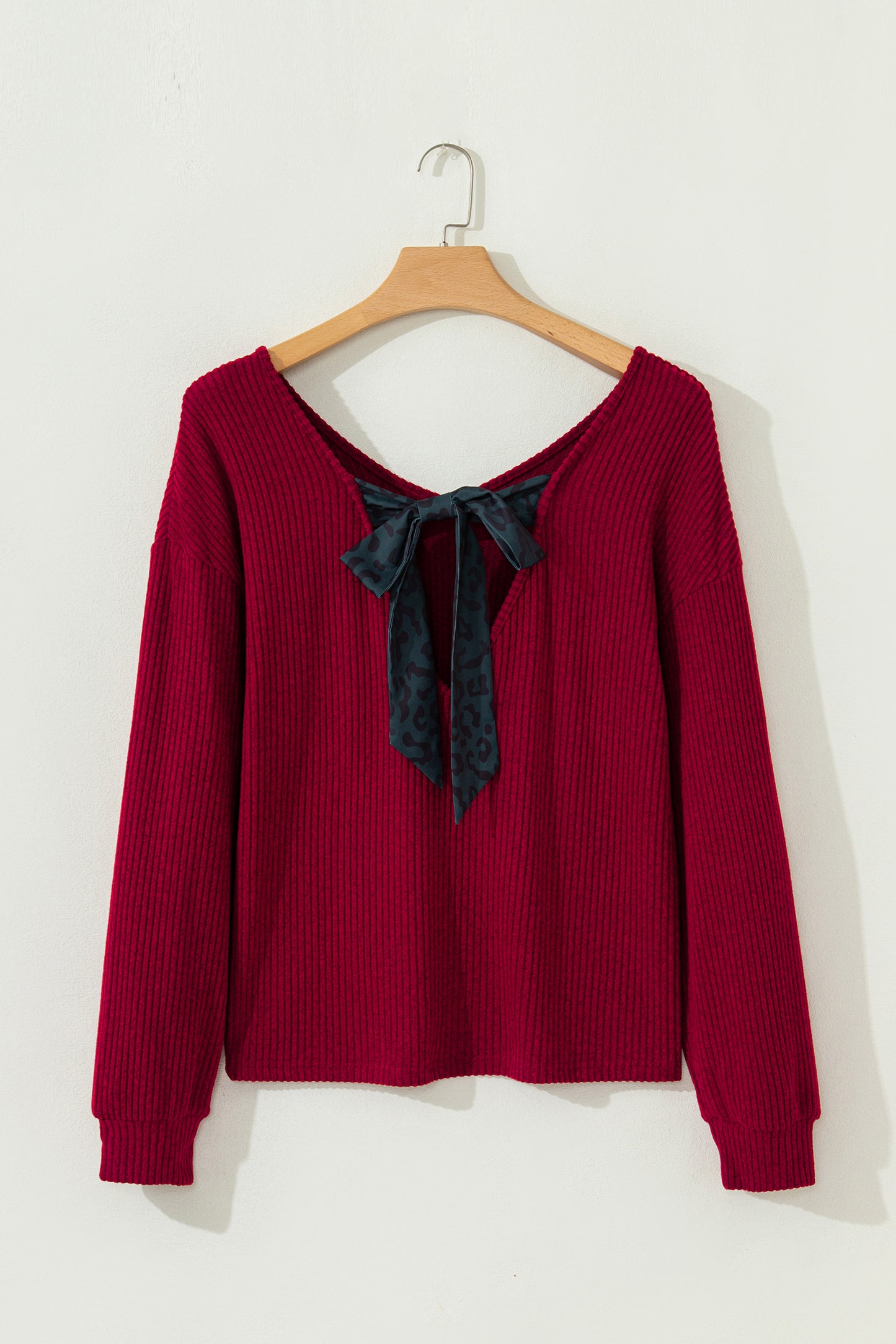 Racing Red Ribbed V Neck Contrast Ribbon Bow Back Drop Shoulder Long Sleeve Top-Tops/Blouses & Shirts-[Adult]-[Female]-2022 Online Blue Zone Planet