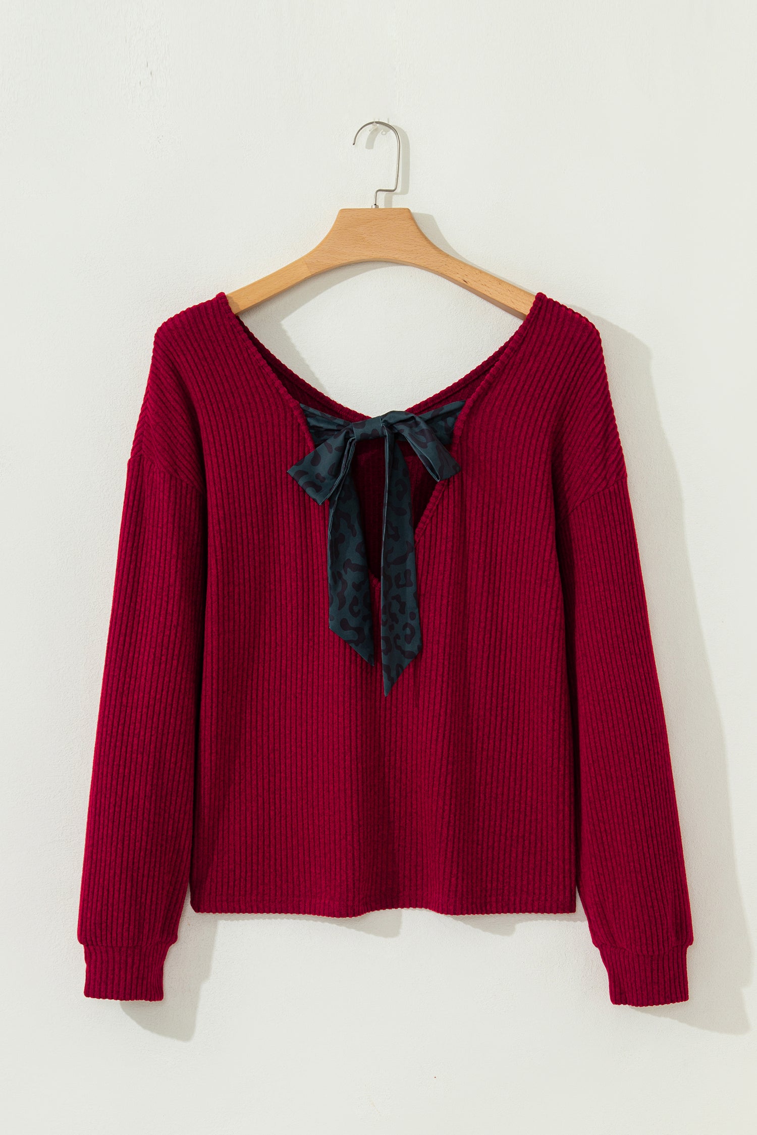 Racing Red Ribbed V Neck Contrast Ribbon Bow Back Drop Shoulder Long Sleeve Top-Tops/Blouses & Shirts-[Adult]-[Female]-2022 Online Blue Zone Planet