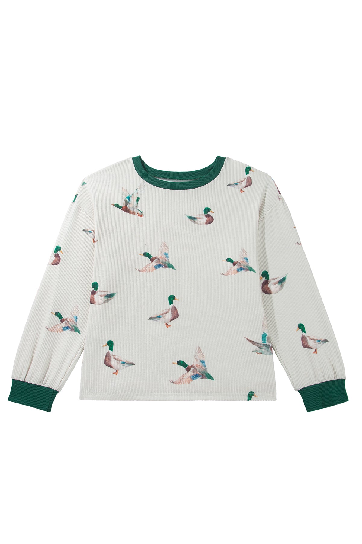 Beige Mallard Duck Print Plus Size Twisted Ribbed Top-Plus Size/Plus Size Tops/Plus Size Long Sleeve Tops-[Adult]-[Female]-2022 Online Blue Zone Planet