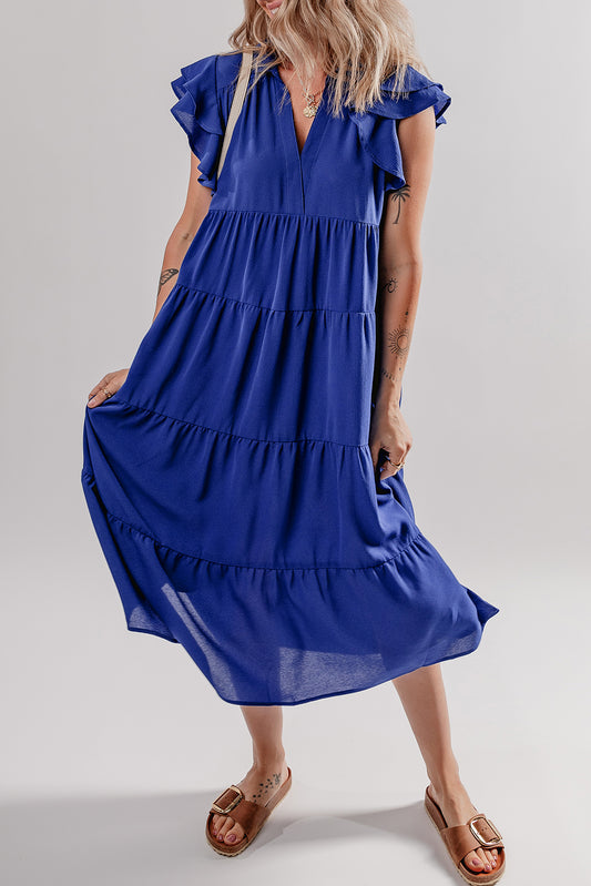 Bluing Ruffled Short Sleeve Collared V Neck Tiered Midi Dress-Dresses/Midi Dresses-[Adult]-[Female]-Bluing-S-2022 Online Blue Zone Planet