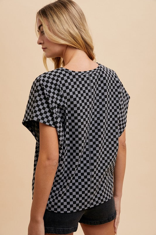 Annie Wear Checkered Round Neck Short Sleeve T-Shirt-TOPS / DRESSES-[Adult]-[Female]-2022 Online Blue Zone Planet