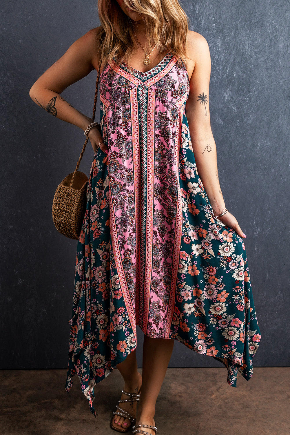 Blue Zone Planet | Pink Bohemian Floral Patchwork Print Long Sundress-TOPS / DRESSES-[Adult]-[Female]-Pink-S-2022 Online Blue Zone Planet