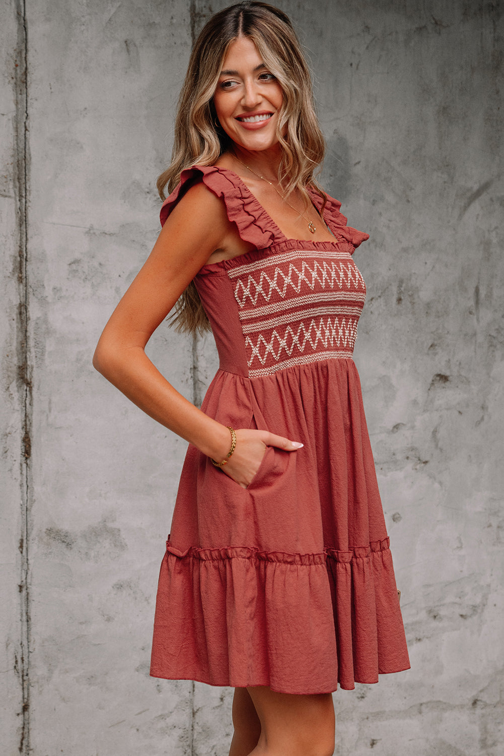 Red Sandalwood Geometric Stitch Shirred Bodice Ruffled Trim Sleeveless Mini Dress-TOPS / DRESSES-[Adult]-[Female]-2022 Online Blue Zone Planet