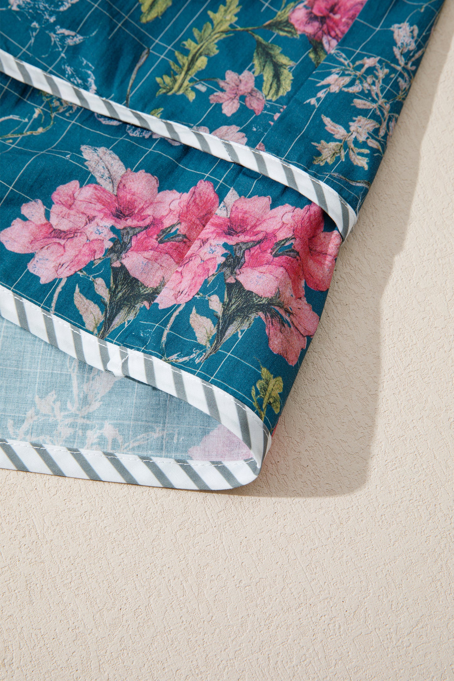 Sky Blue Floral Print Contrast Yoke Patchwork Striped Trim Long Puff Sleeve Blouse-Tops/Blouses & Shirts-[Adult]-[Female]-2022 Online Blue Zone Planet