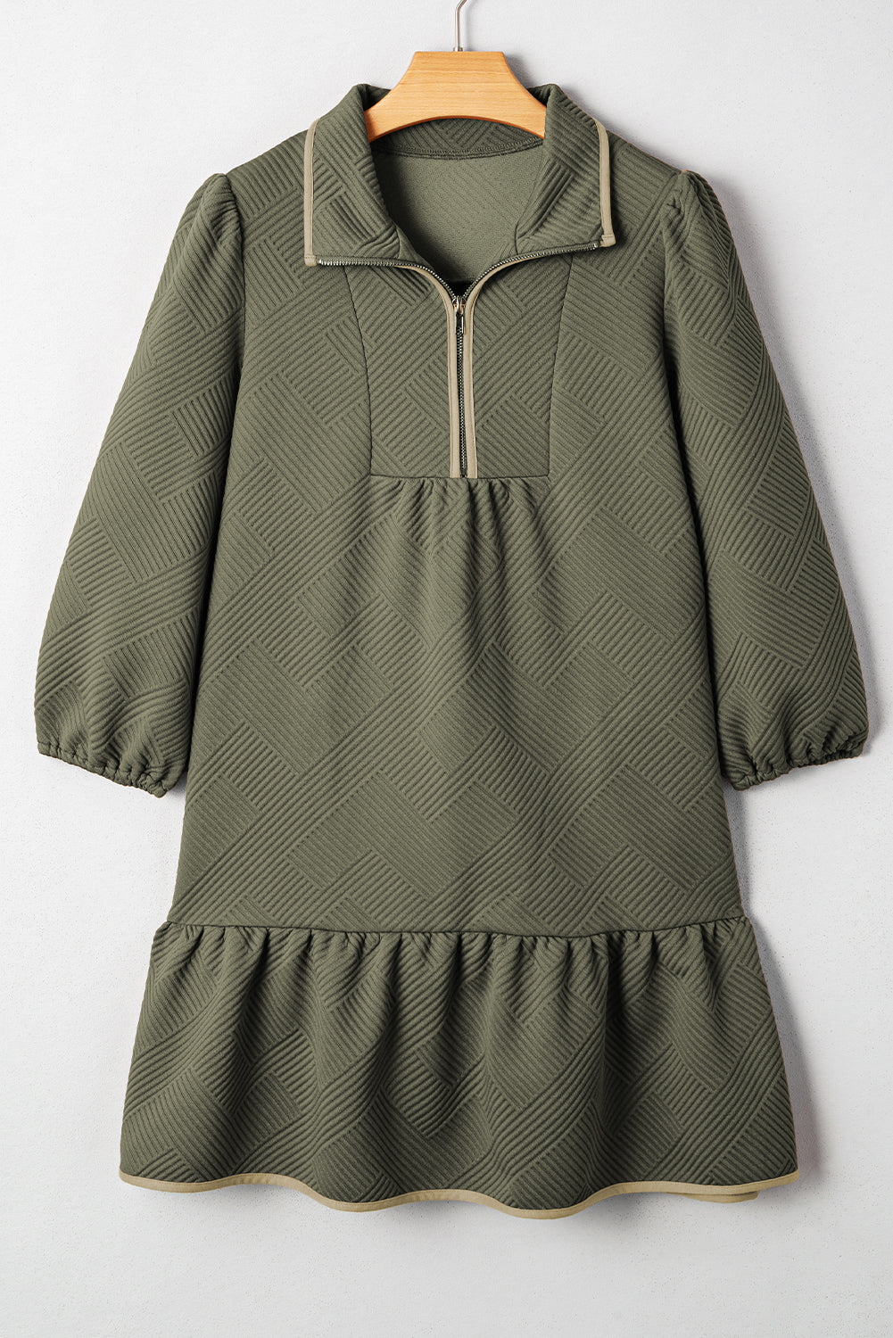 Jungle Green Quarter Zip Collar Bracelet Sleeve Textured Mini Dress-TOPS / DRESSES-[Adult]-[Female]-2022 Online Blue Zone Planet