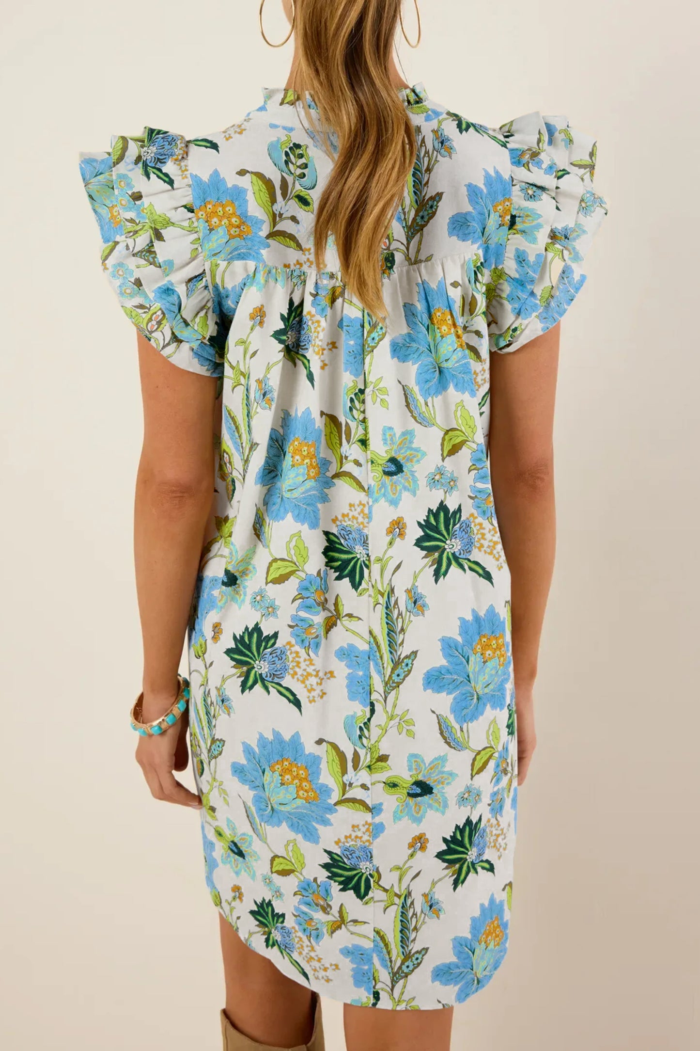 Beige Floral Print V Neck Triple Ruffle Short Sleeve Shift Mini Dress