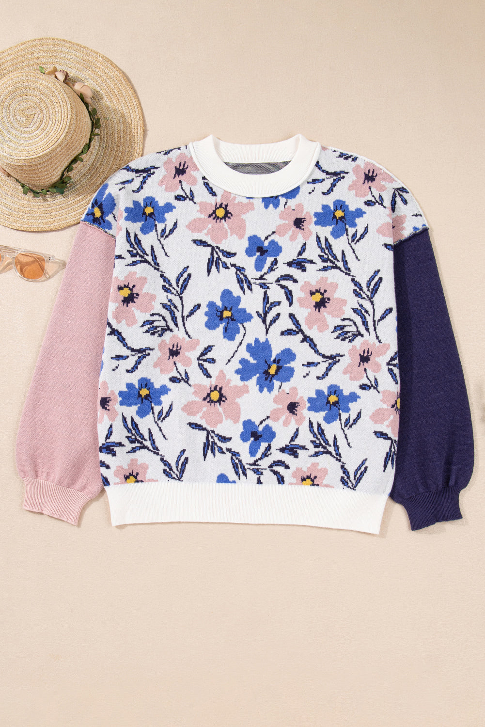 Khaki Floral Panel Colorblock Sleeve Patchwork Sweater-Sweaters & Cardigans/Sweaters-[Adult]-[Female]-2022 Online Blue Zone Planet