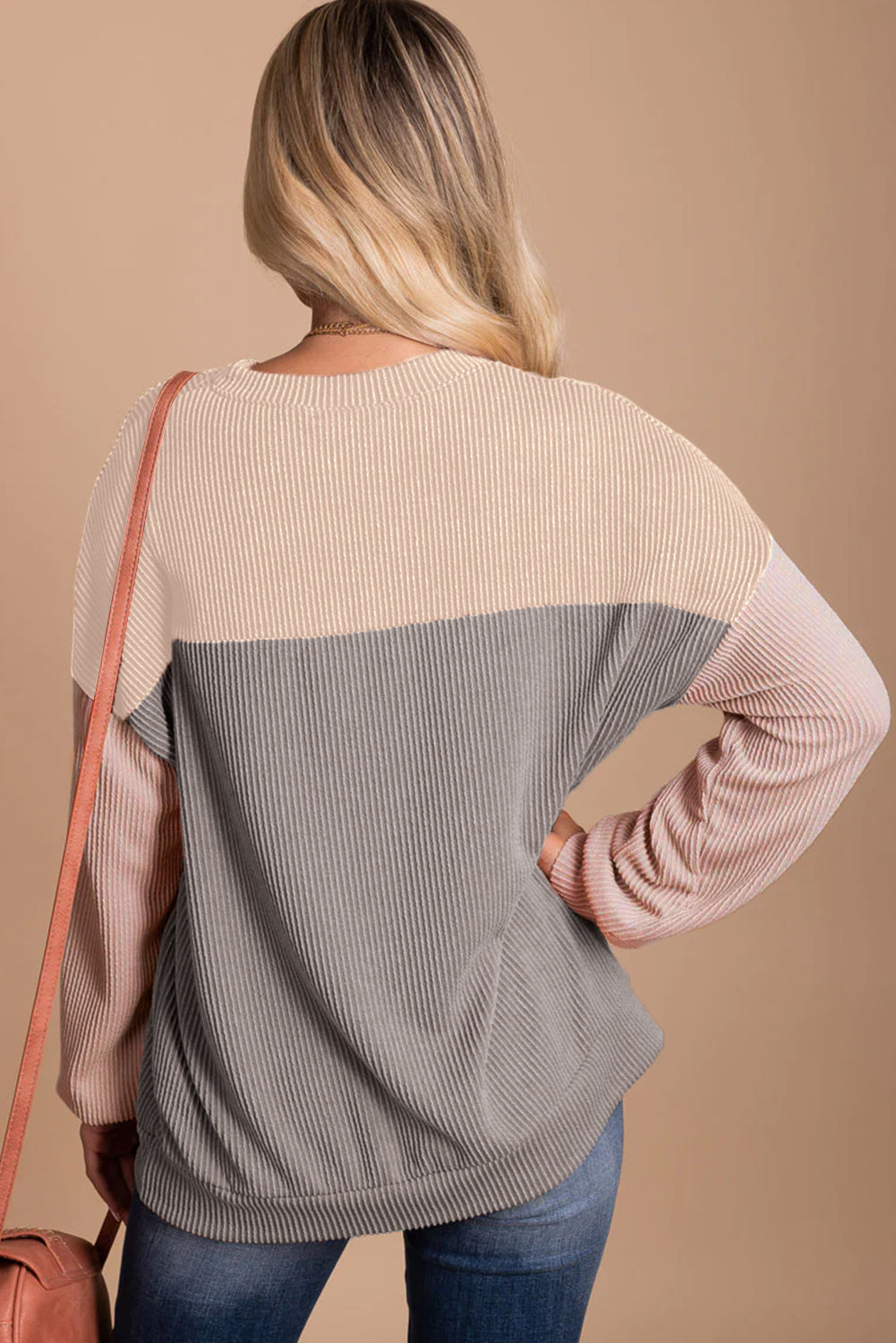 Multicolor Color Block Long Sleeve Ribbed Loose Top-Tops/Long Sleeve Tops-[Adult]-[Female]-2022 Online Blue Zone Planet