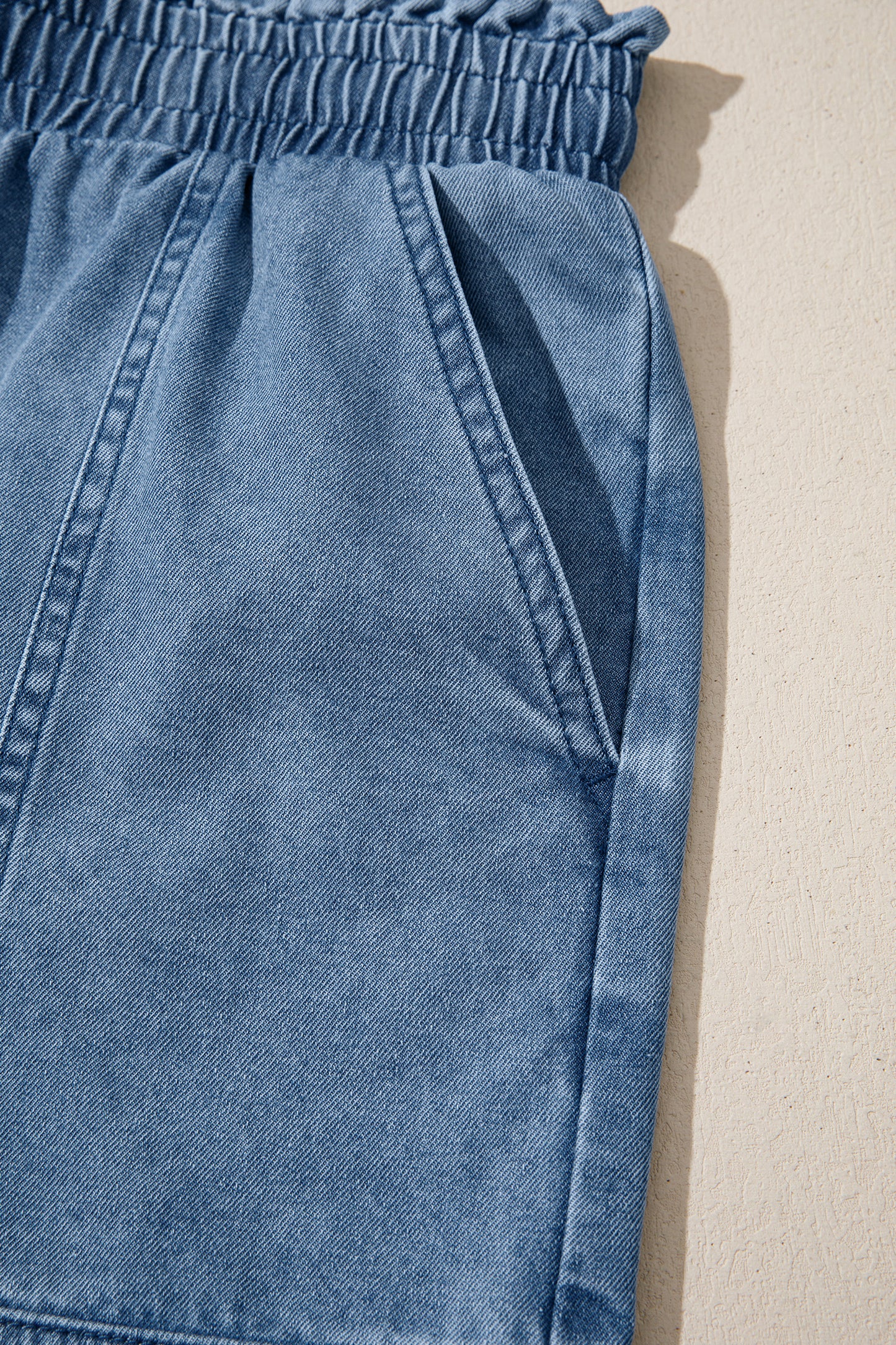 Dusk Blue Smocked Elastic Waist Denim Shorts-Bottoms/Denim Shorts-[Adult]-[Female]-2022 Online Blue Zone Planet