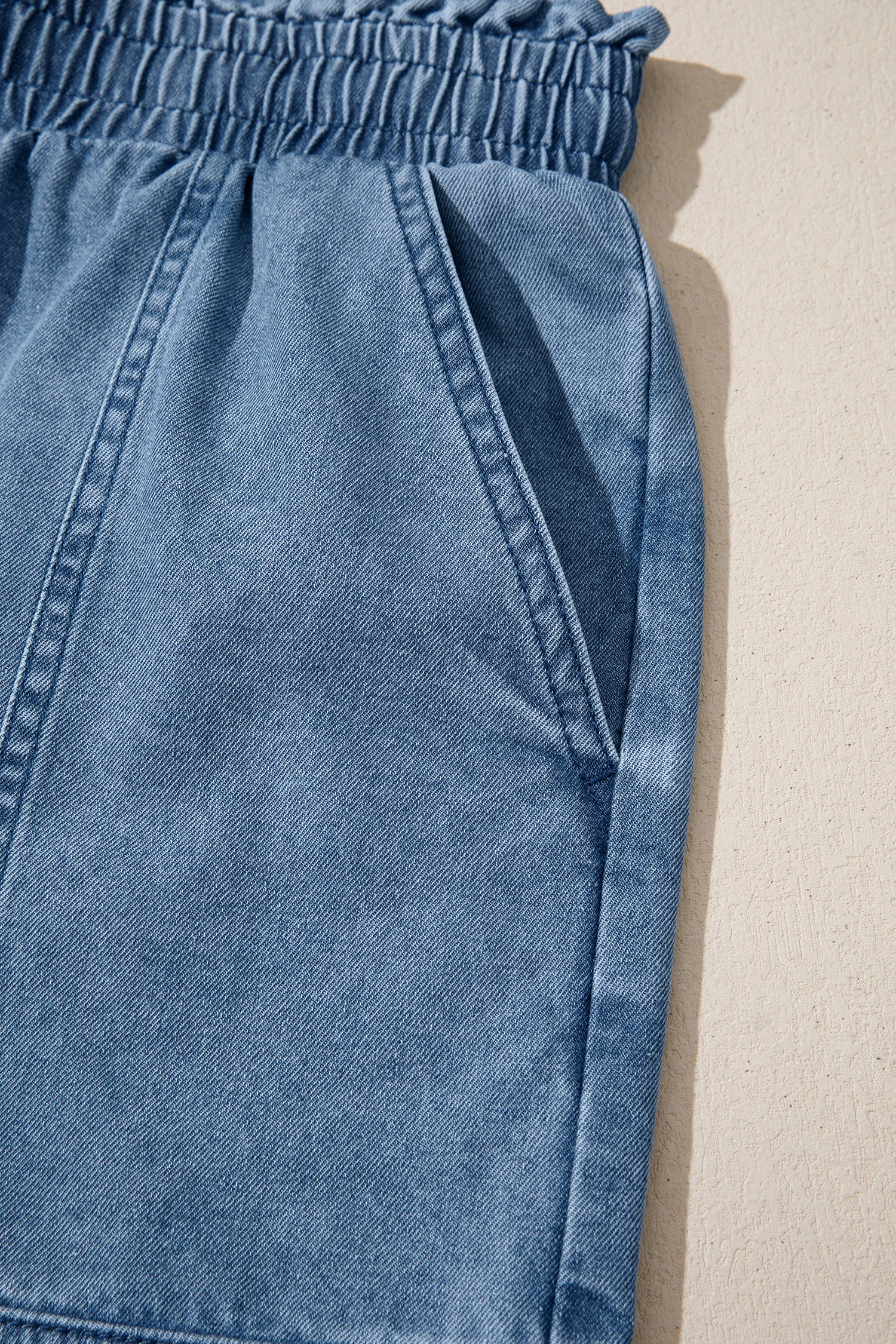 Dusk Blue Smocked Elastic Waist Denim Shorts-Bottoms/Denim Shorts-[Adult]-[Female]-2022 Online Blue Zone Planet