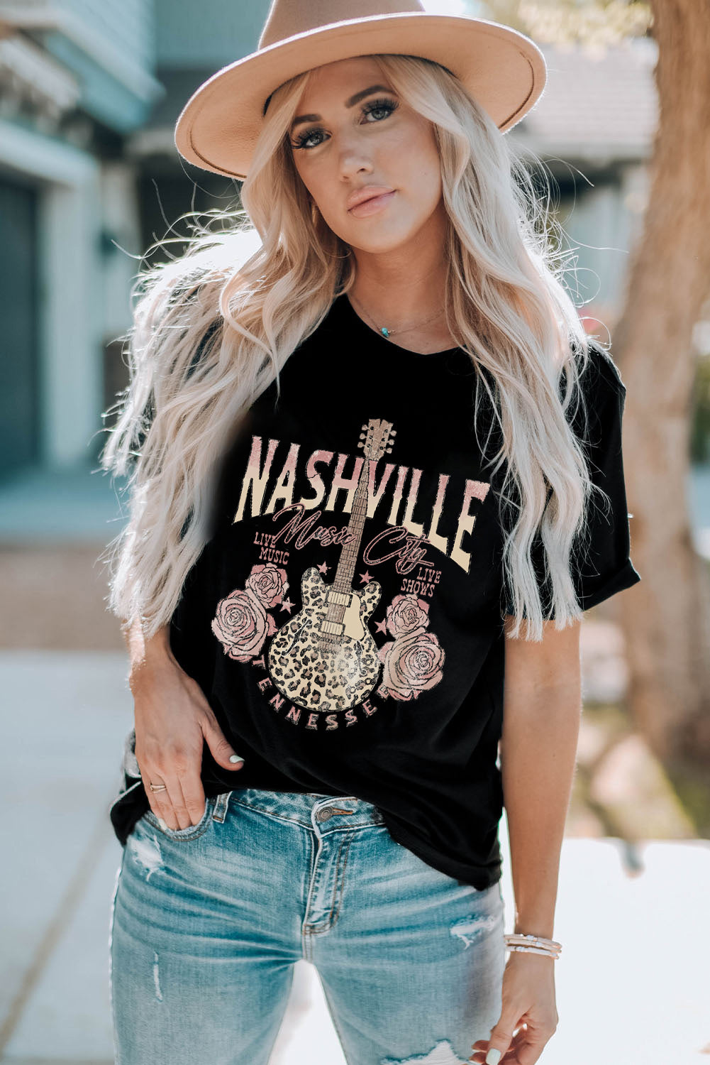 Black Nashville Music City Leopard Guitar Graphic T Shirt-Graphic/Graphic Tees-[Adult]-[Female]-2022 Online Blue Zone Planet