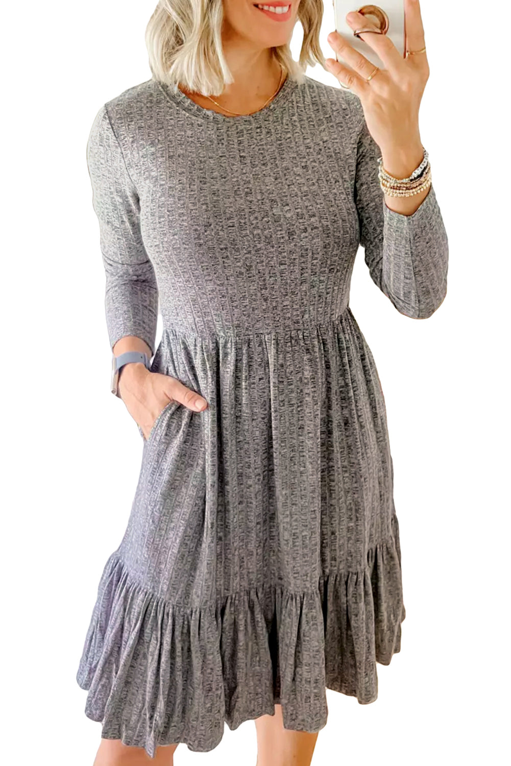 Gray Pinstriped Textured Ruffled A-line Midi Dress Blue Zone Planet