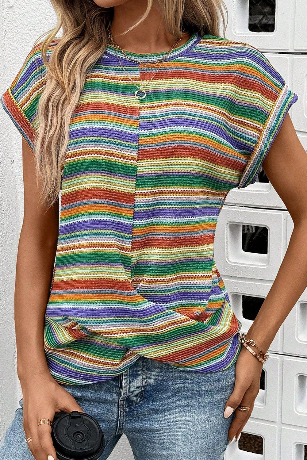 Multicolour Striped Pattern Twist Hem Short Sleeve Top-Tops/Tops & Tees-[Adult]-[Female]-2022 Online Blue Zone Planet