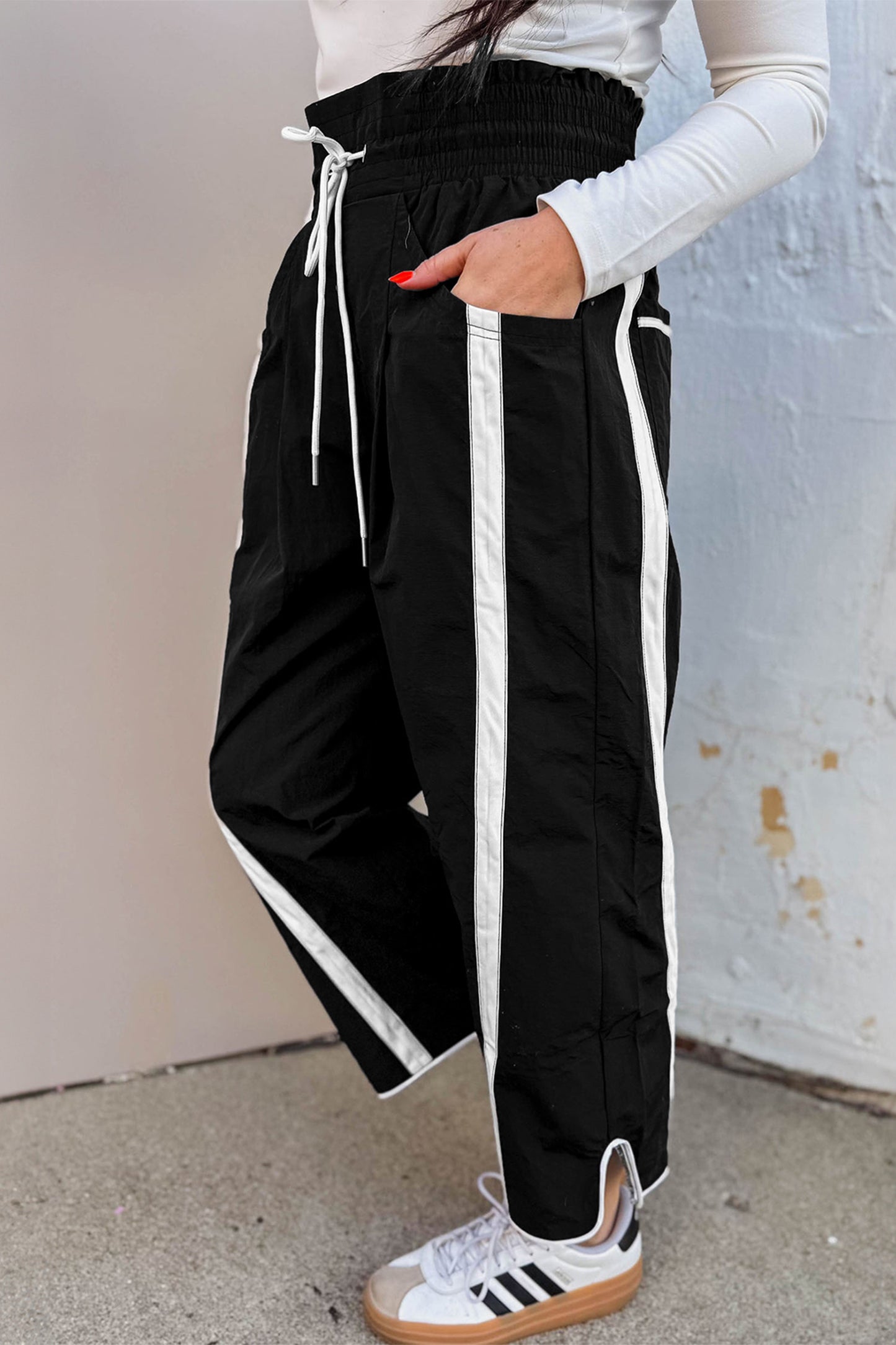 Black Contrast Striped Smocked Waist Drawstring Cropped Casual Pants-Bottoms/Pants & Culotte-[Adult]-[Female]-2022 Online Blue Zone Planet