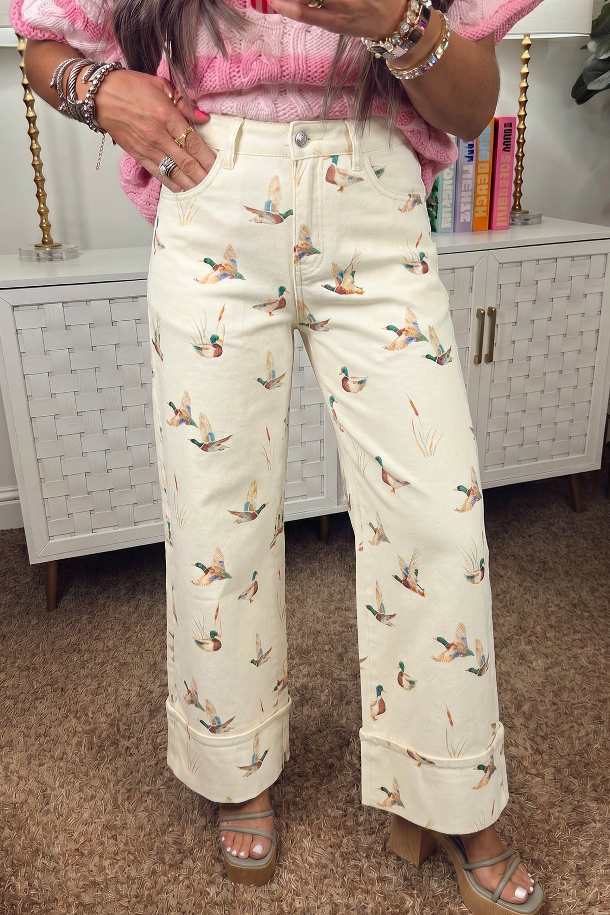 Beige Stylish Mallard Printed Cuffed Hem Shift Jeans-Bottoms/Jeans-[Adult]-[Female]-2022 Online Blue Zone Planet