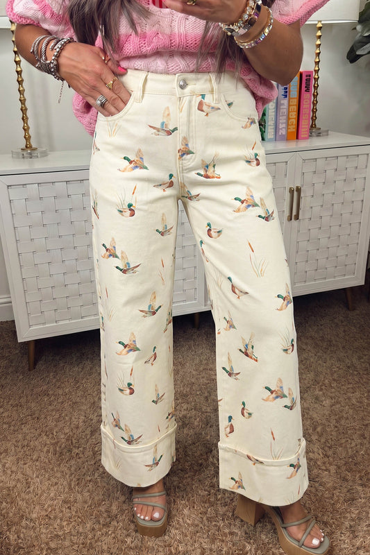 Beige Stylish Mallard Printed Cuffed Hem Shift Jeans-Bottoms/Jeans-[Adult]-[Female]-2022 Online Blue Zone Planet