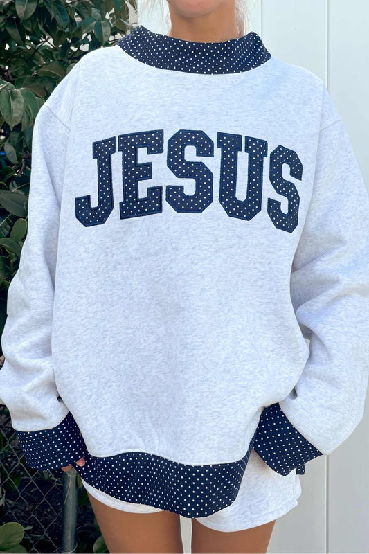 Light Grey Polka Dot Contrast Trim JESUS Letter Graphic Sweatshirt-Tops/Sweatshirts & Hoodies-[Adult]-[Female]-Light Grey-S-2022 Online Blue Zone Planet
